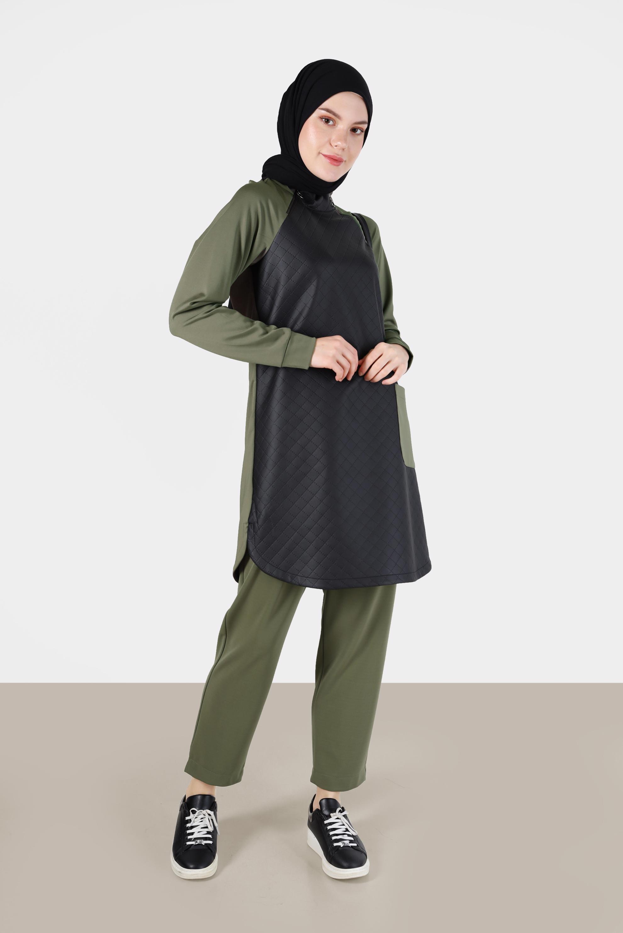 Tesettür giyim HAKİ DERİ KAPİTONE DETAYLI CEPLİ TUNİK 42427 