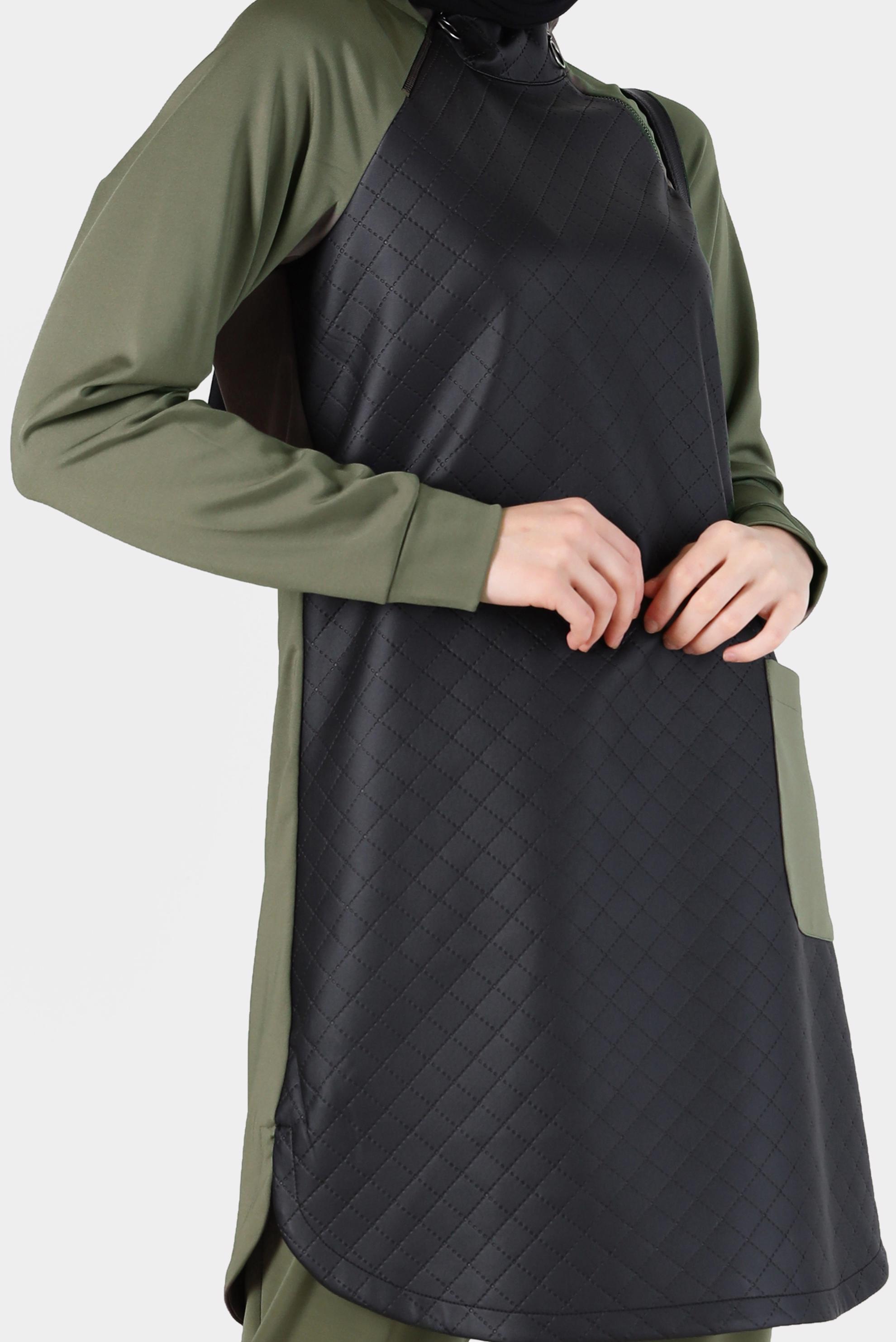 Tesettür giyim HAKİ DERİ KAPİTONE DETAYLI CEPLİ TUNİK 42427 