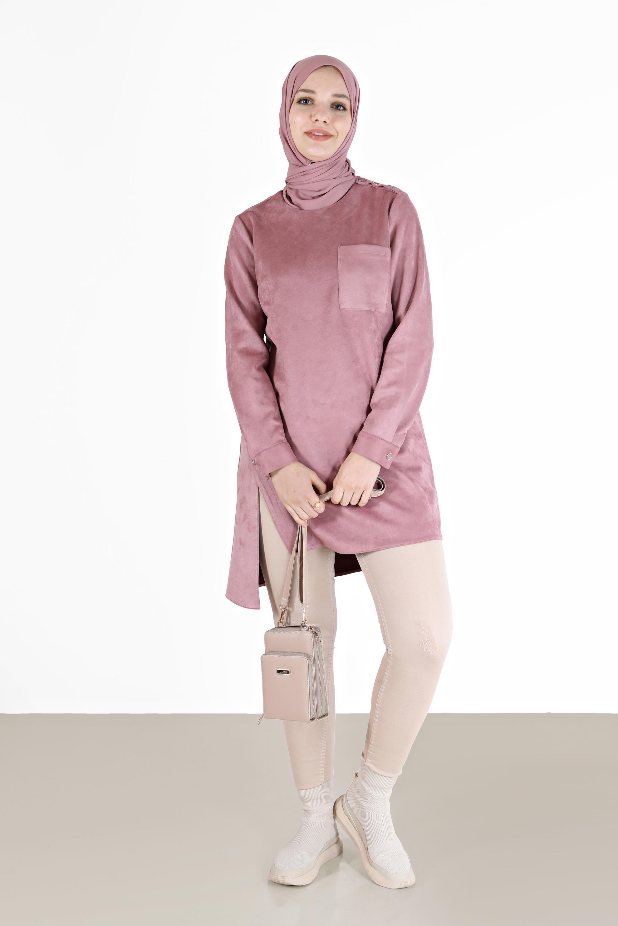 Tesettür giyim PUDRA DÜĞME DETAYLI ASİMETRİK KESİM SÜET TUNİK 42430 