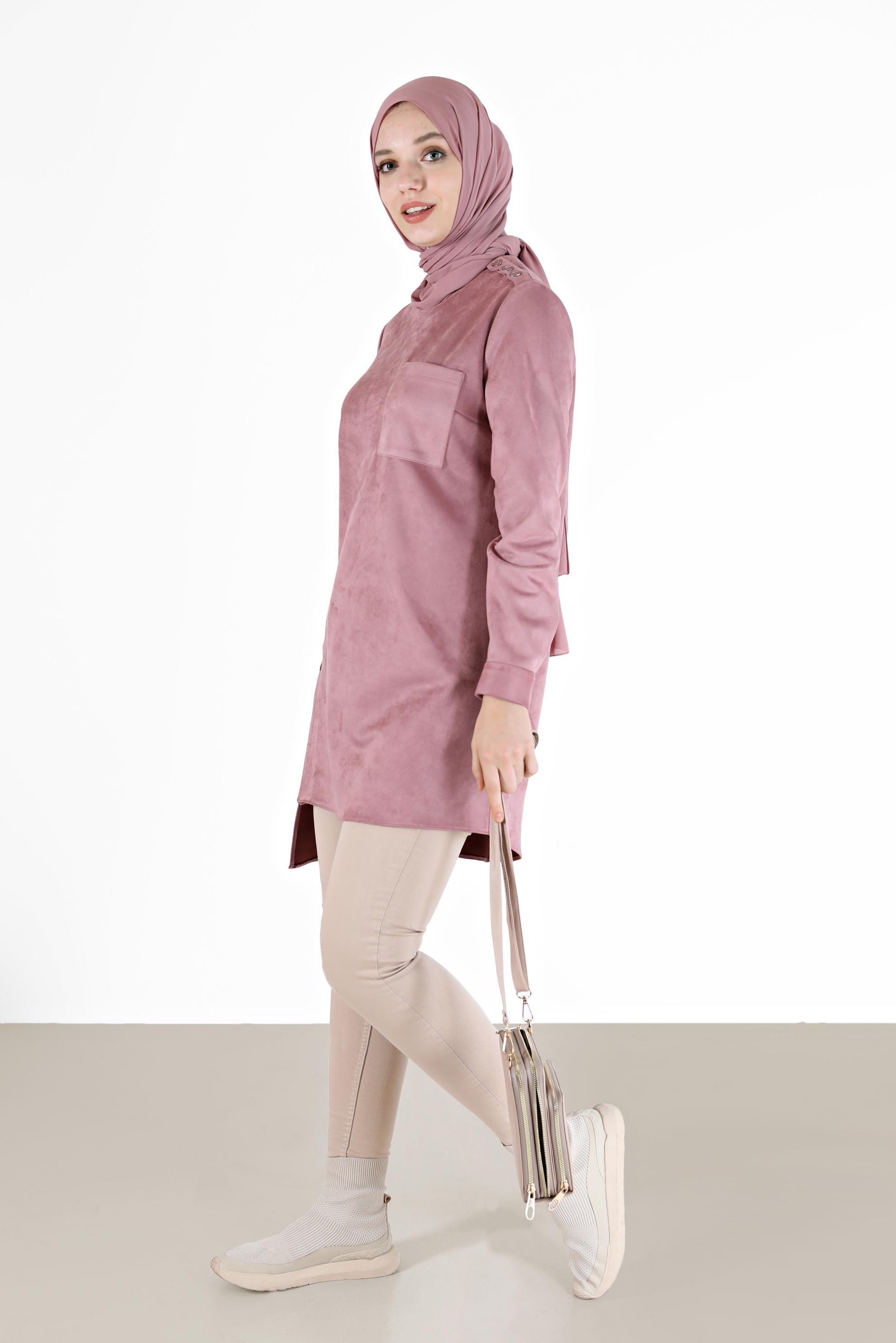 Tesettür giyim PUDRA DÜĞME DETAYLI ASİMETRİK KESİM SÜET TUNİK 42430 