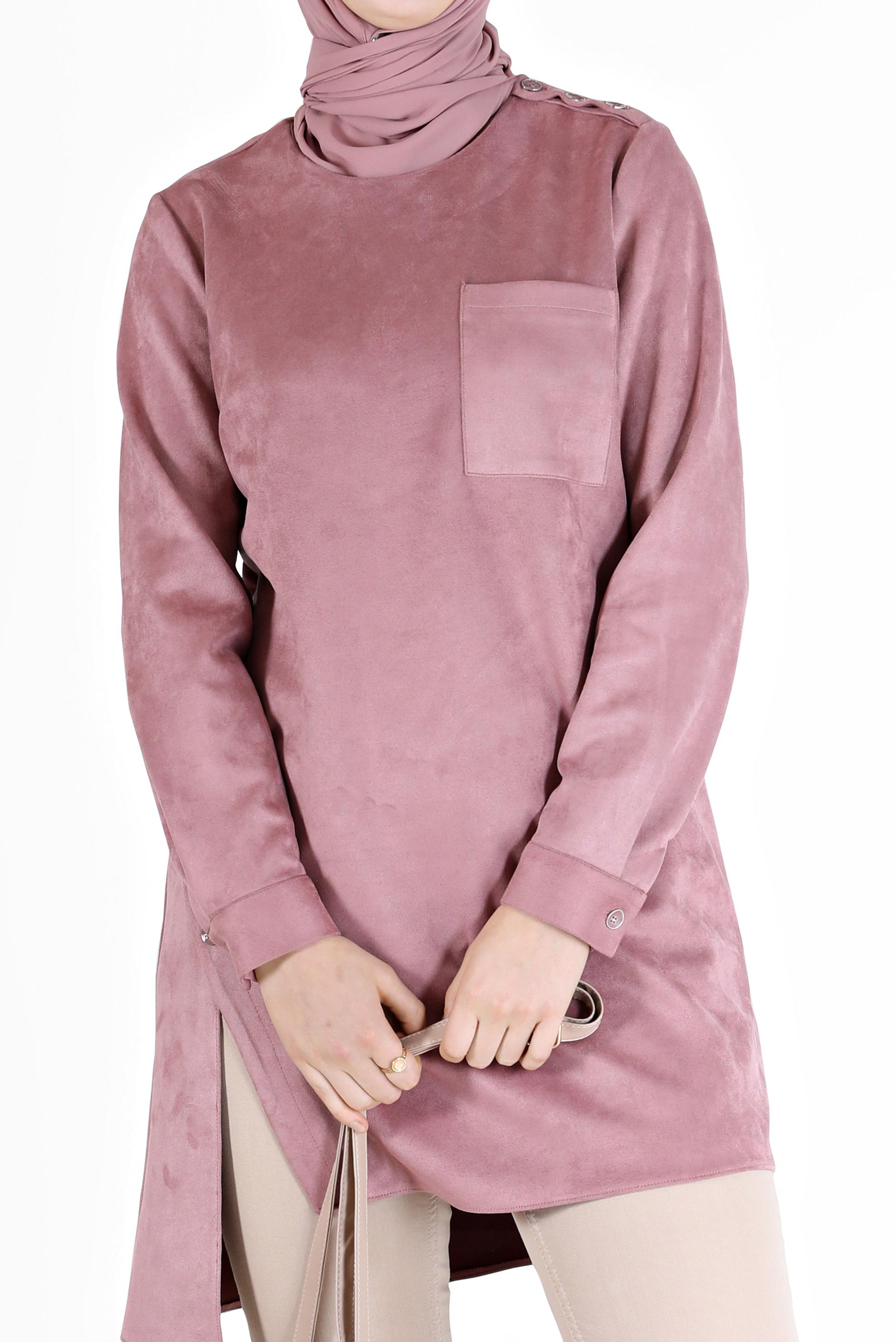 Tesettür giyim PUDRA DÜĞME DETAYLI ASİMETRİK KESİM SÜET TUNİK 42430 