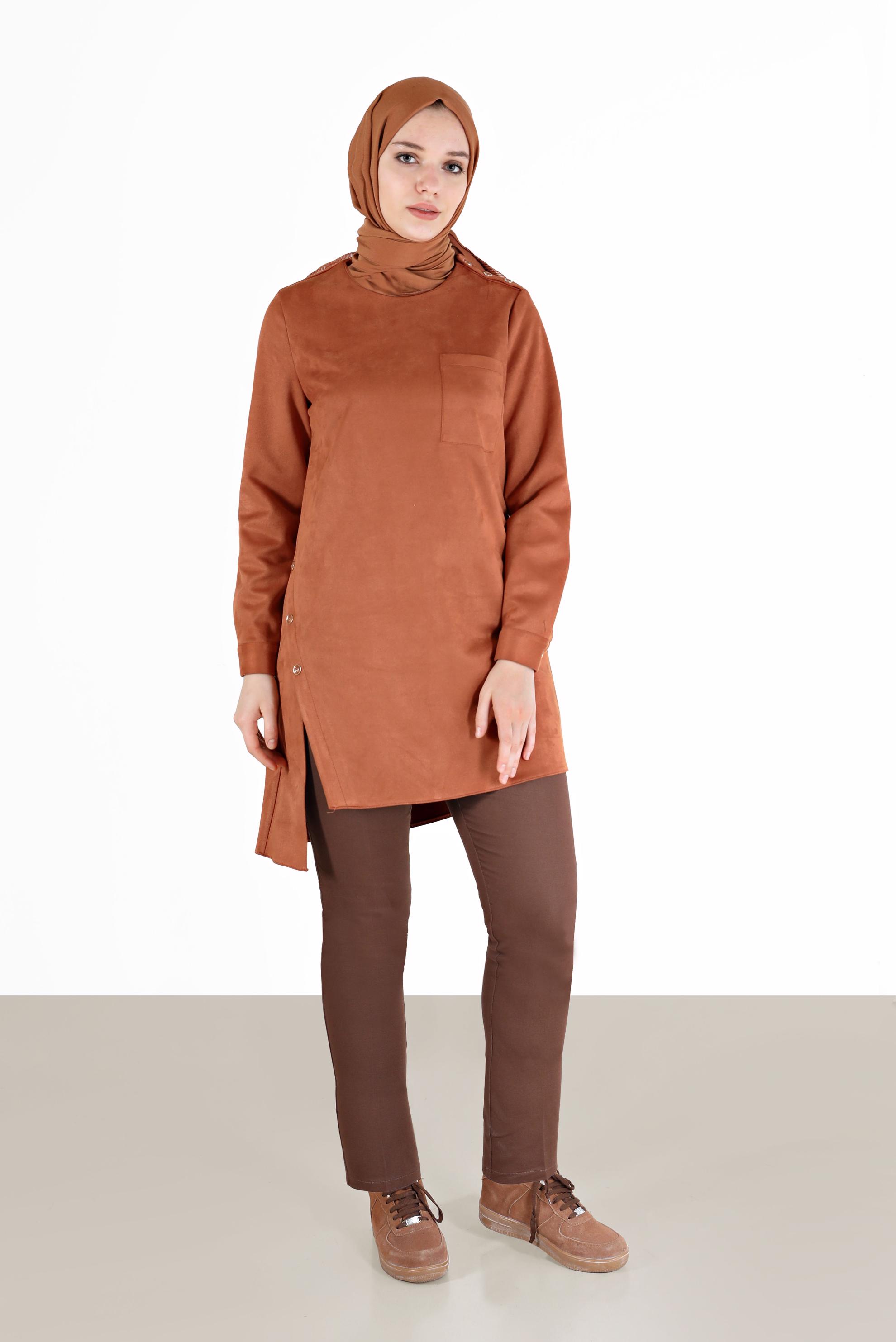 Tesettür giyim TURUNCU DÜĞME DETAYLI ASİMETRİK KESİM SÜET TUNİK 42430 