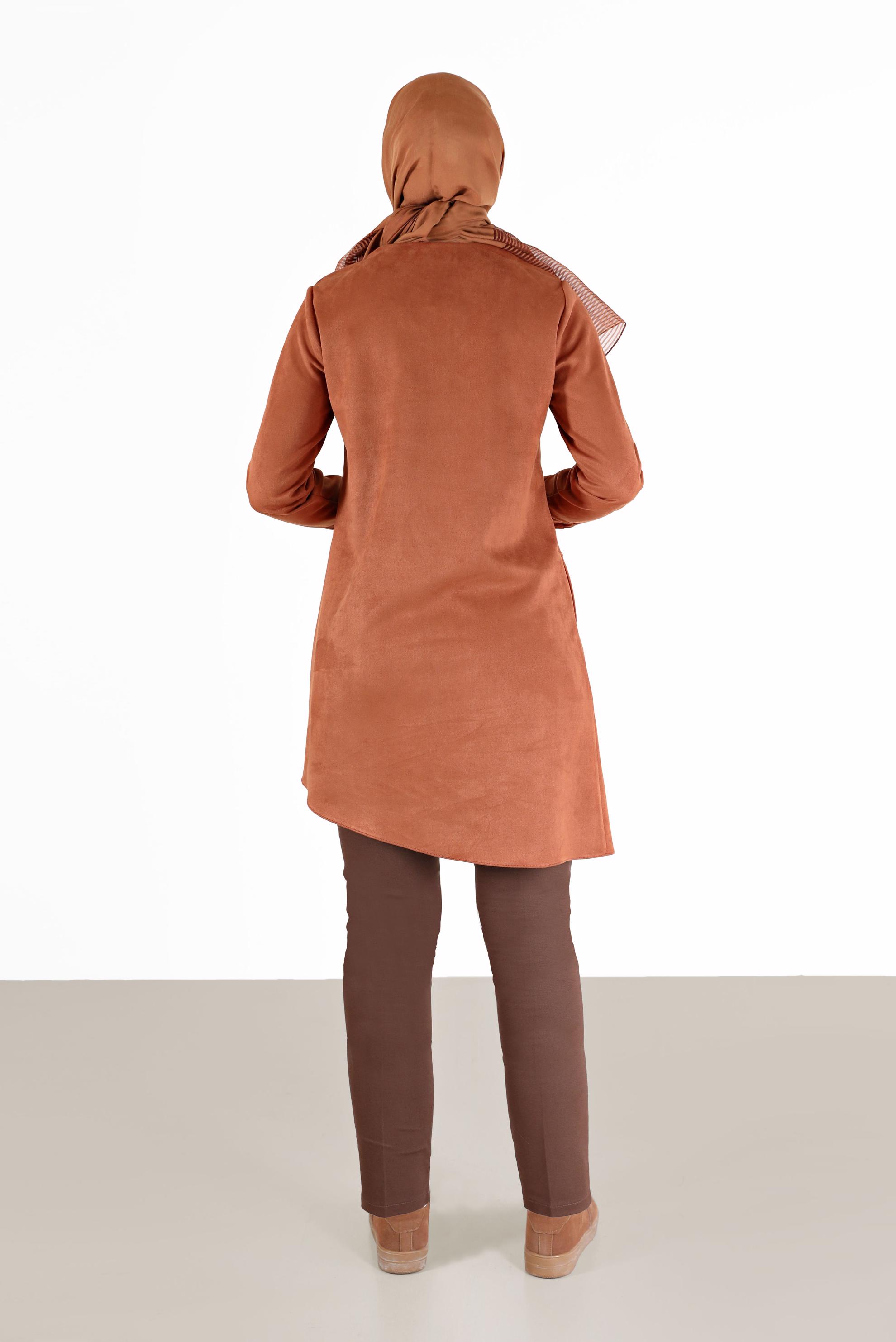 Tesettür giyim TURUNCU DÜĞME DETAYLI ASİMETRİK KESİM SÜET TUNİK 42430 