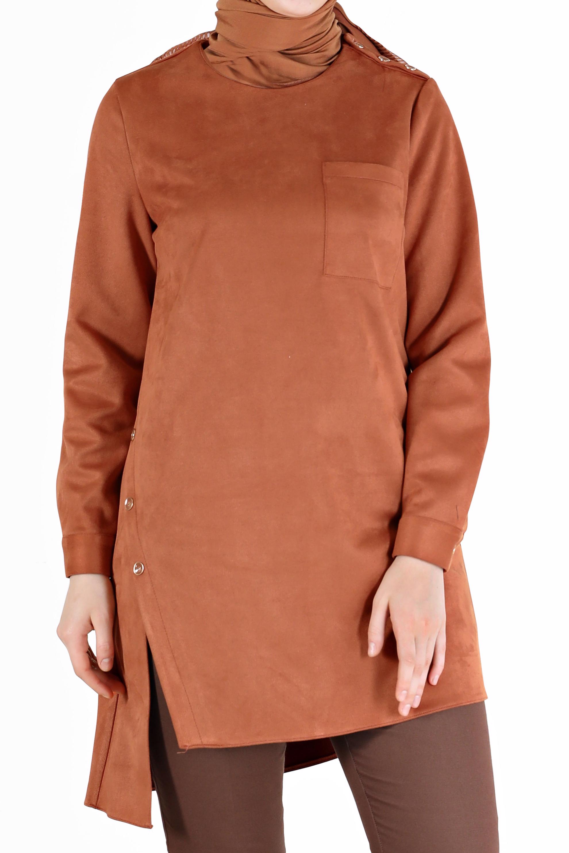 Tesettür giyim TURUNCU DÜĞME DETAYLI ASİMETRİK KESİM SÜET TUNİK 42430 