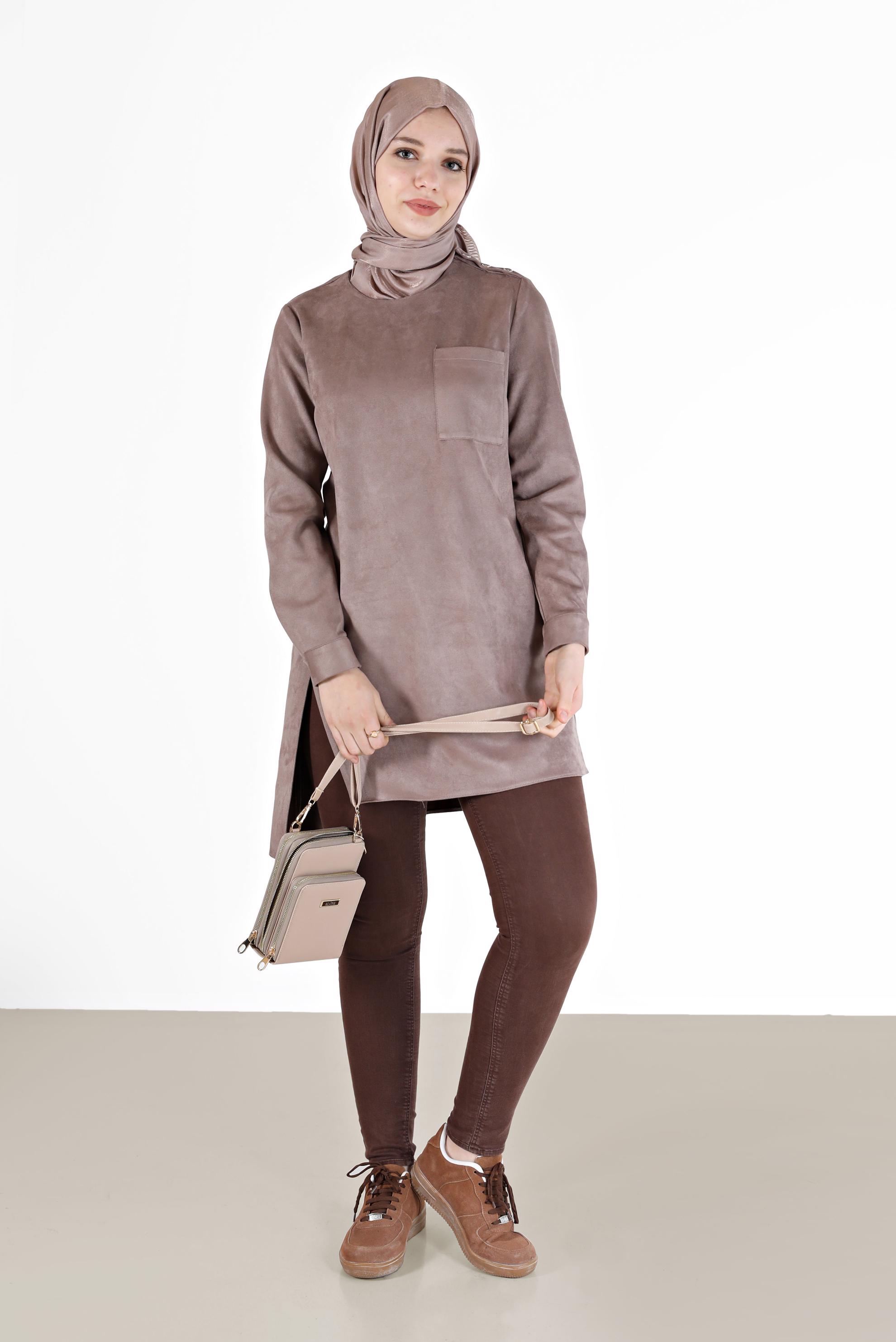 Tesettür giyim VİZON DÜĞME DETAYLI ASİMETRİK KESİM SÜET TUNİK 42430 