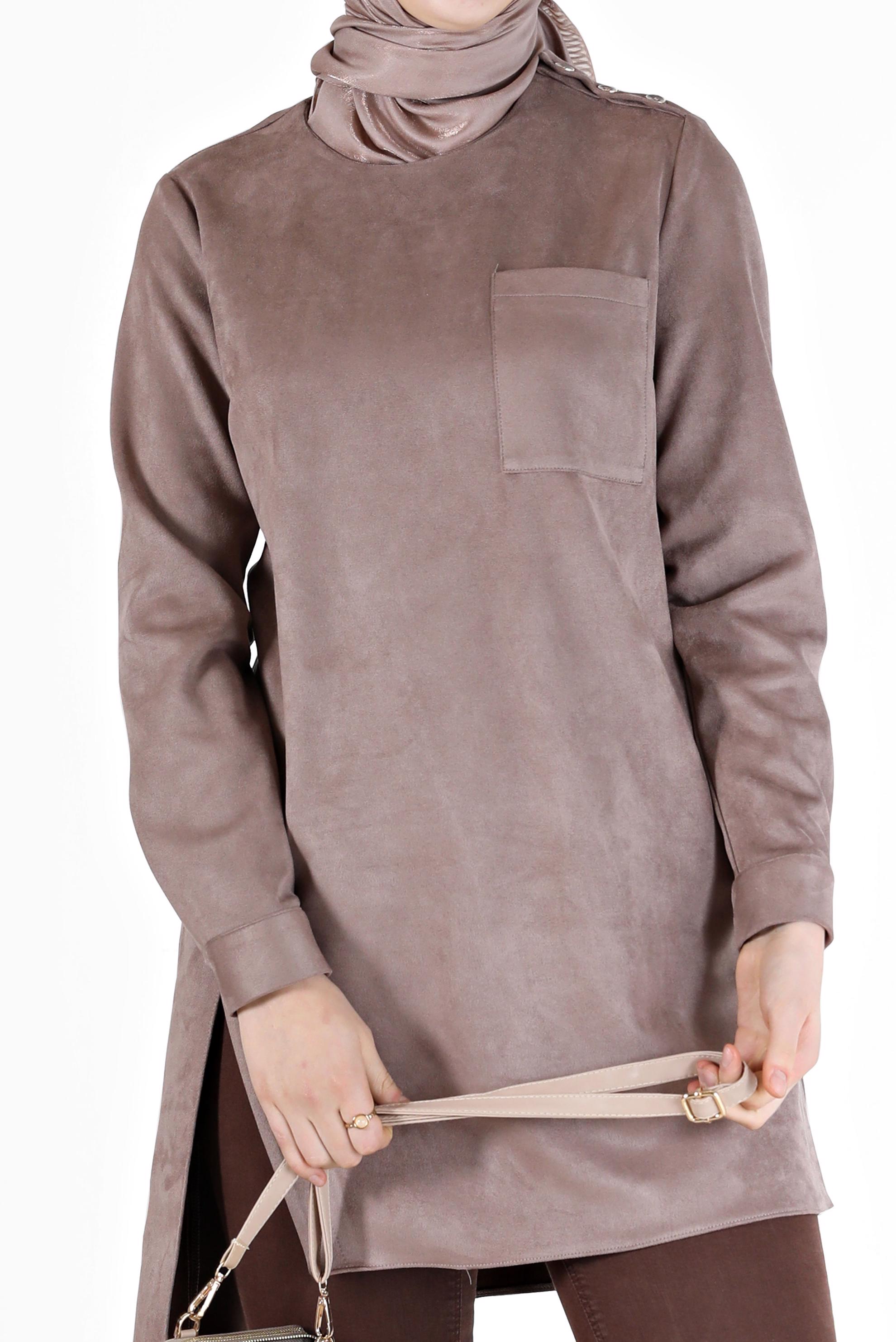 Tesettür giyim VİZON DÜĞME DETAYLI ASİMETRİK KESİM SÜET TUNİK 42430 