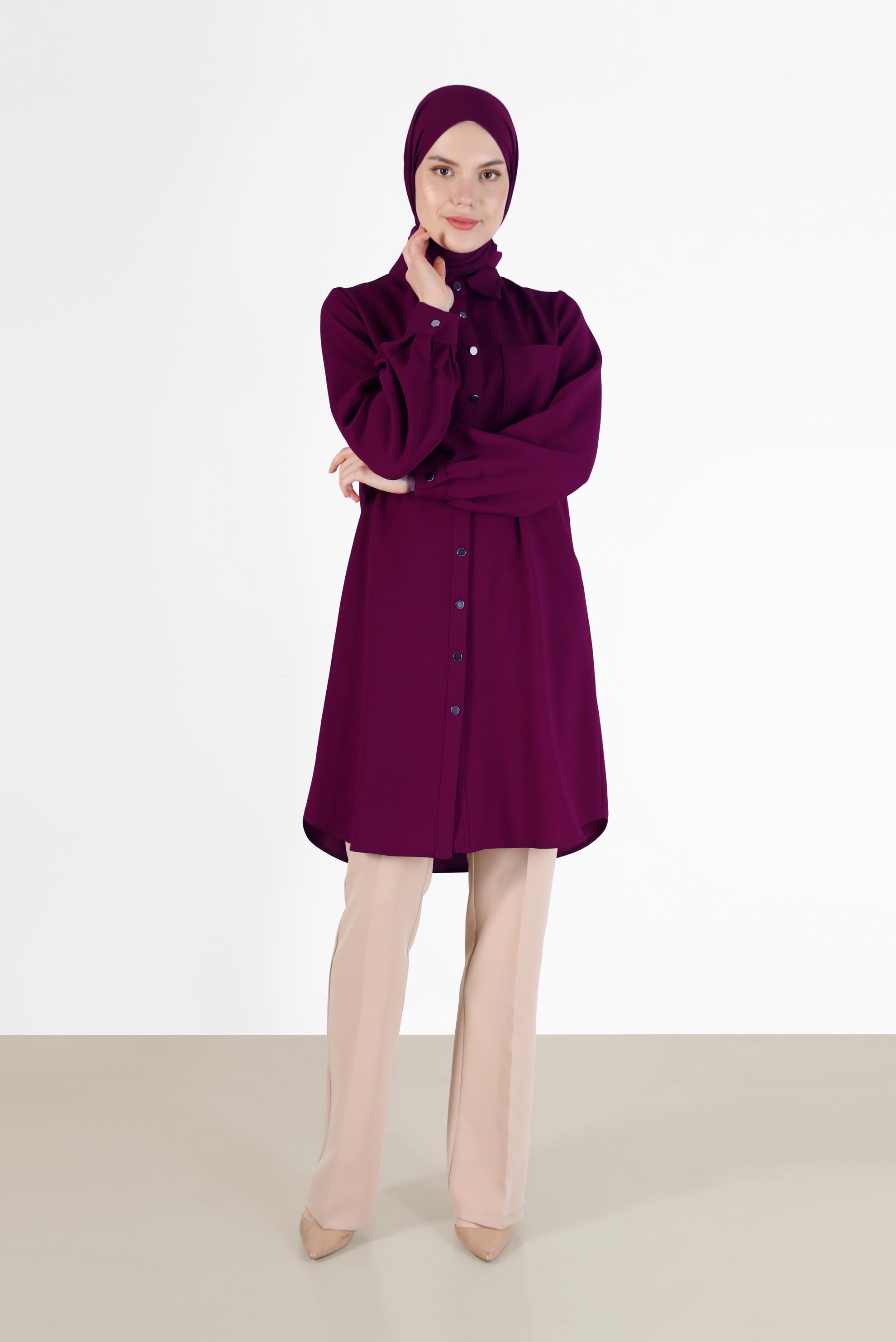 Tesettür giyim FUŞYA BOYDAN DÜĞMELİ CEP DETAYLI TUNİK 42431 