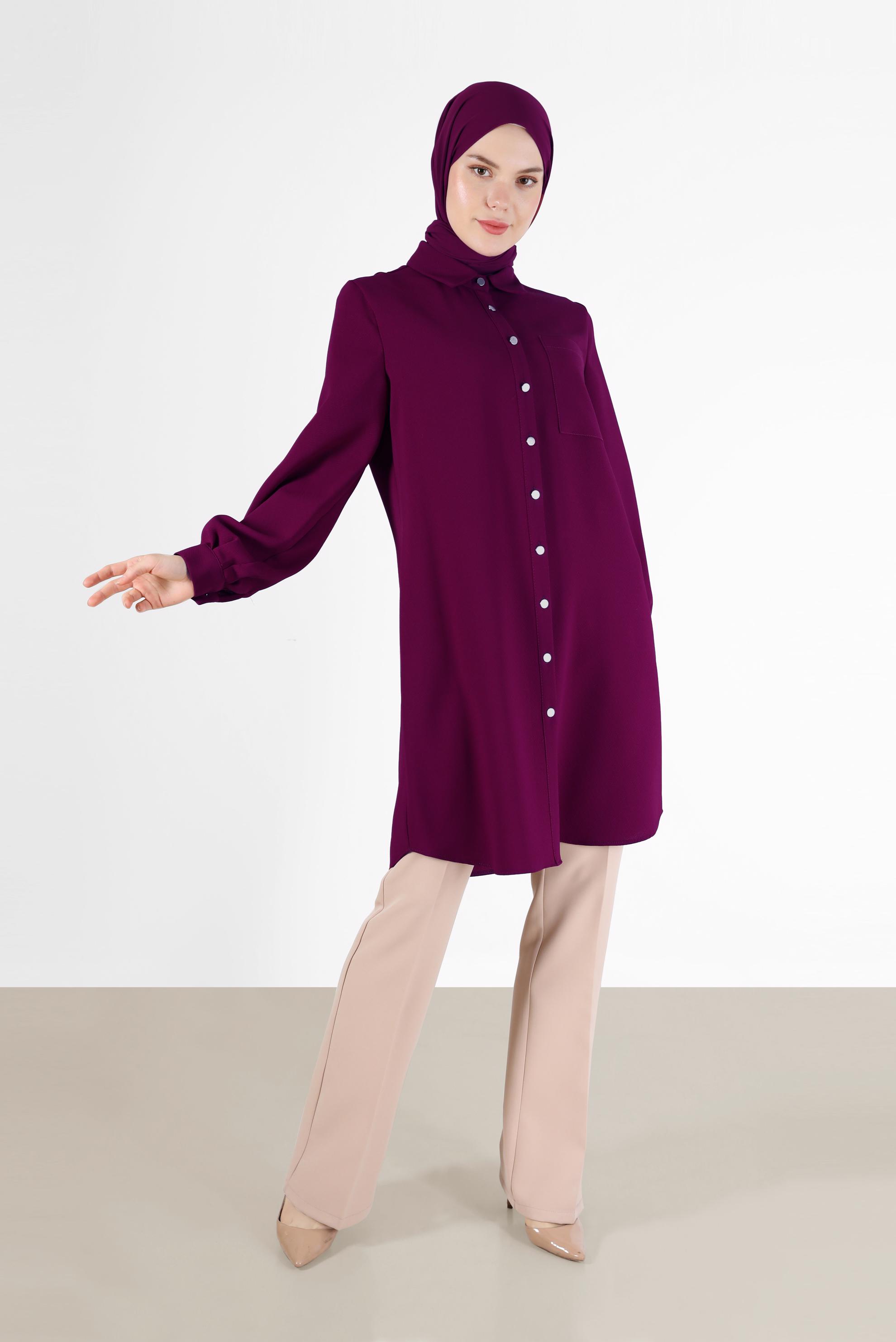 Tesettür giyim FUŞYA BOYDAN DÜĞMELİ CEP DETAYLI TUNİK 42431 