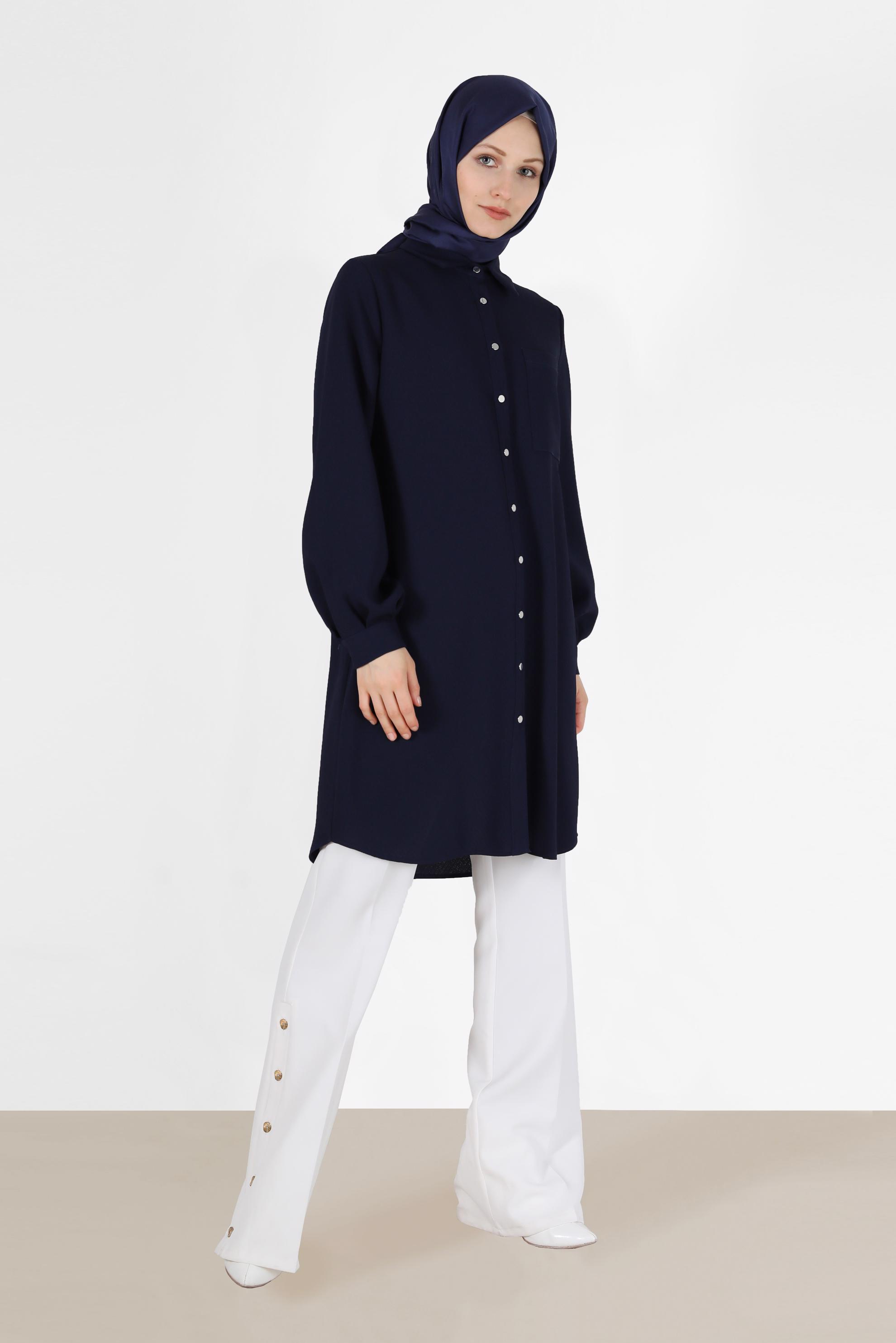 Tesettür giyim LACİVERT BOYDAN DÜĞMELİ CEP DETAYLI TUNİK 42431 