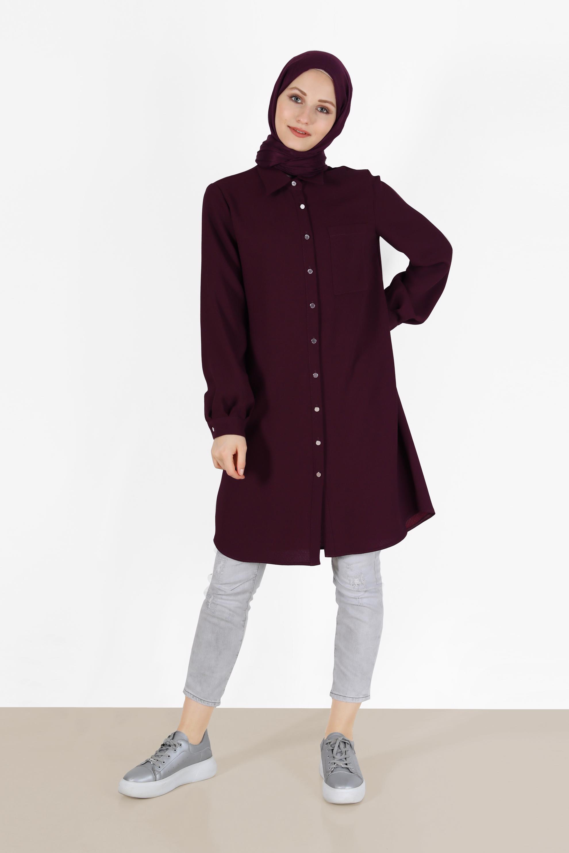 Tesettür giyim MÜRDÜM BOYDAN DÜĞMELİ CEP DETAYLI TUNİK 42431 