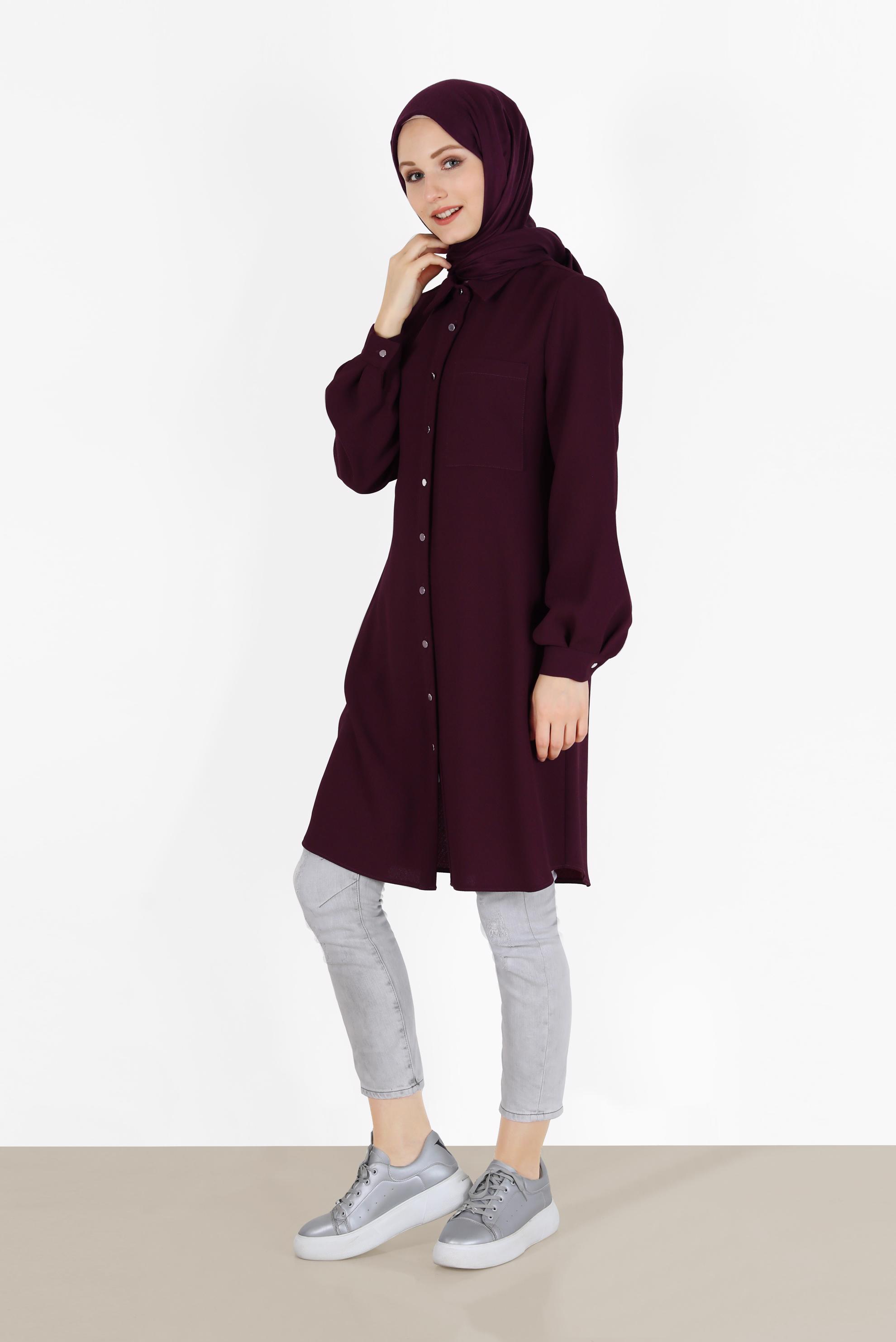 Tesettür giyim MÜRDÜM BOYDAN DÜĞMELİ CEP DETAYLI TUNİK 42431 