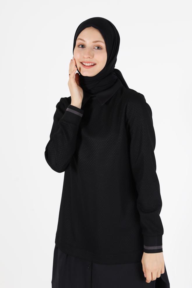 Tesettür giyim SİYAH GÖMLEK PARÇA DETAYLI PÖTİKARE TUNİK 42444  - ALVİNA