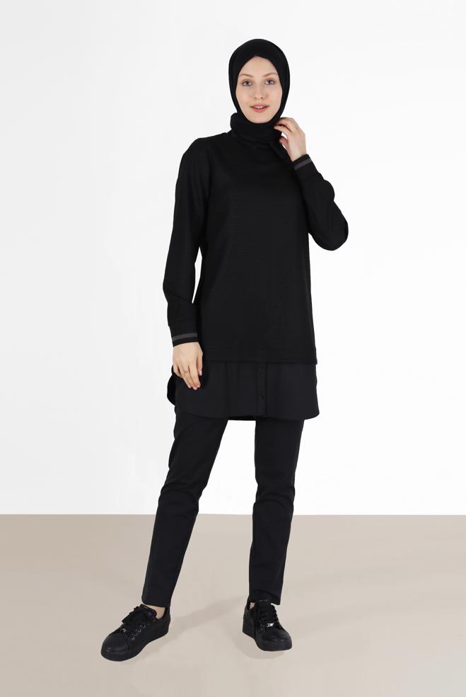 Tesettür giyim SİYAH GÖMLEK PARÇA DETAYLI PÖTİKARE TUNİK 42444  - ALVİNA
