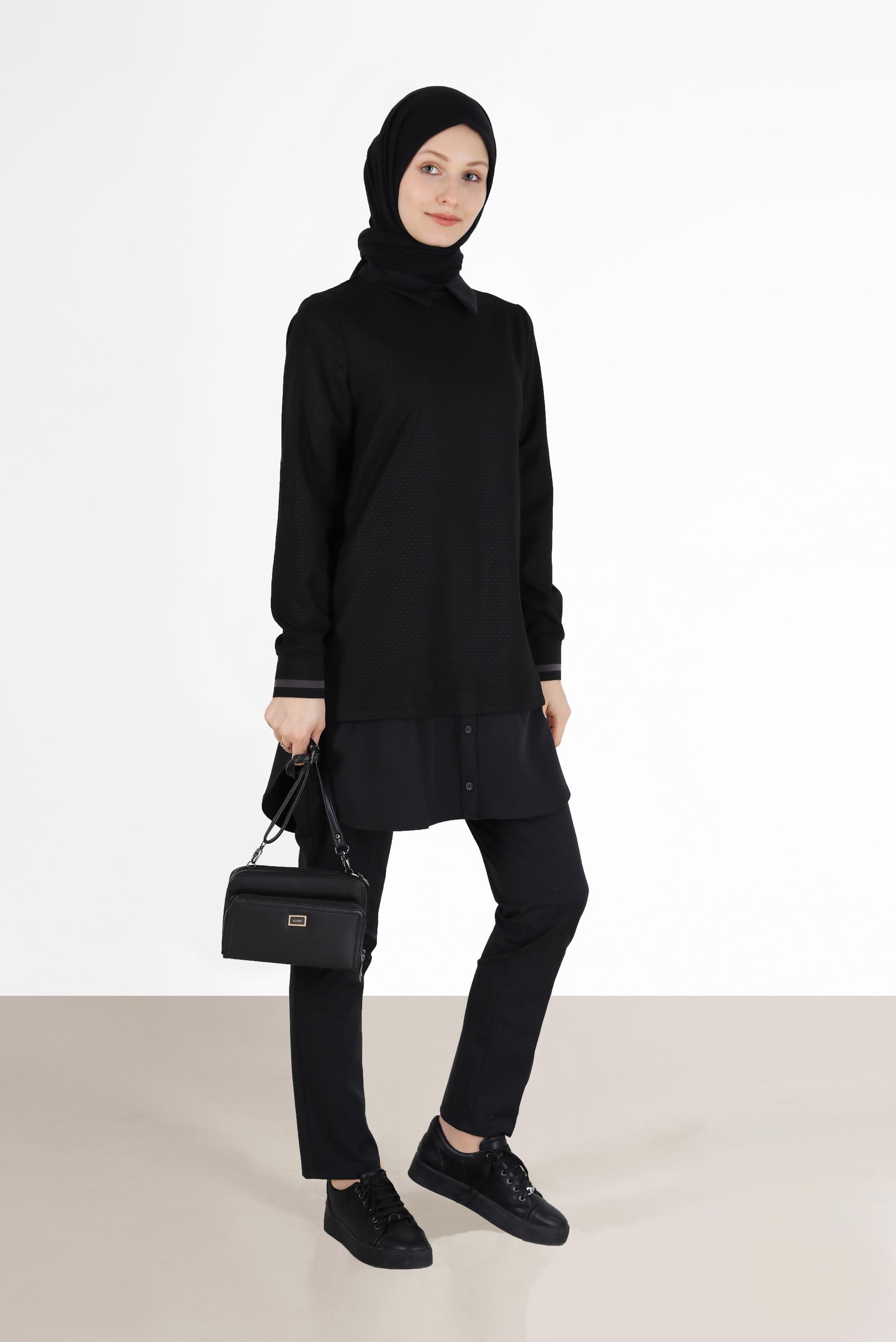 Hijab clothing BLACK SHIRT DETAIL GINGHAM PATTERN TUNIC 42444 