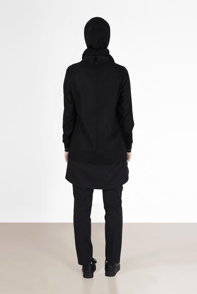 Tesettür giyim SİYAH GÖMLEK PARÇA DETAYLI PÖTİKARE TUNİK 42444  - ALVİNA