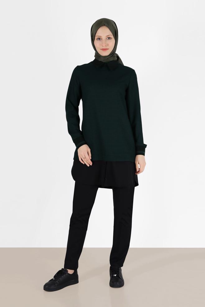Tesettür giyim YEŞİL GÖMLEK PARÇA DETAYLI PÖTİKARE TUNİK 42444  - ALVİNA