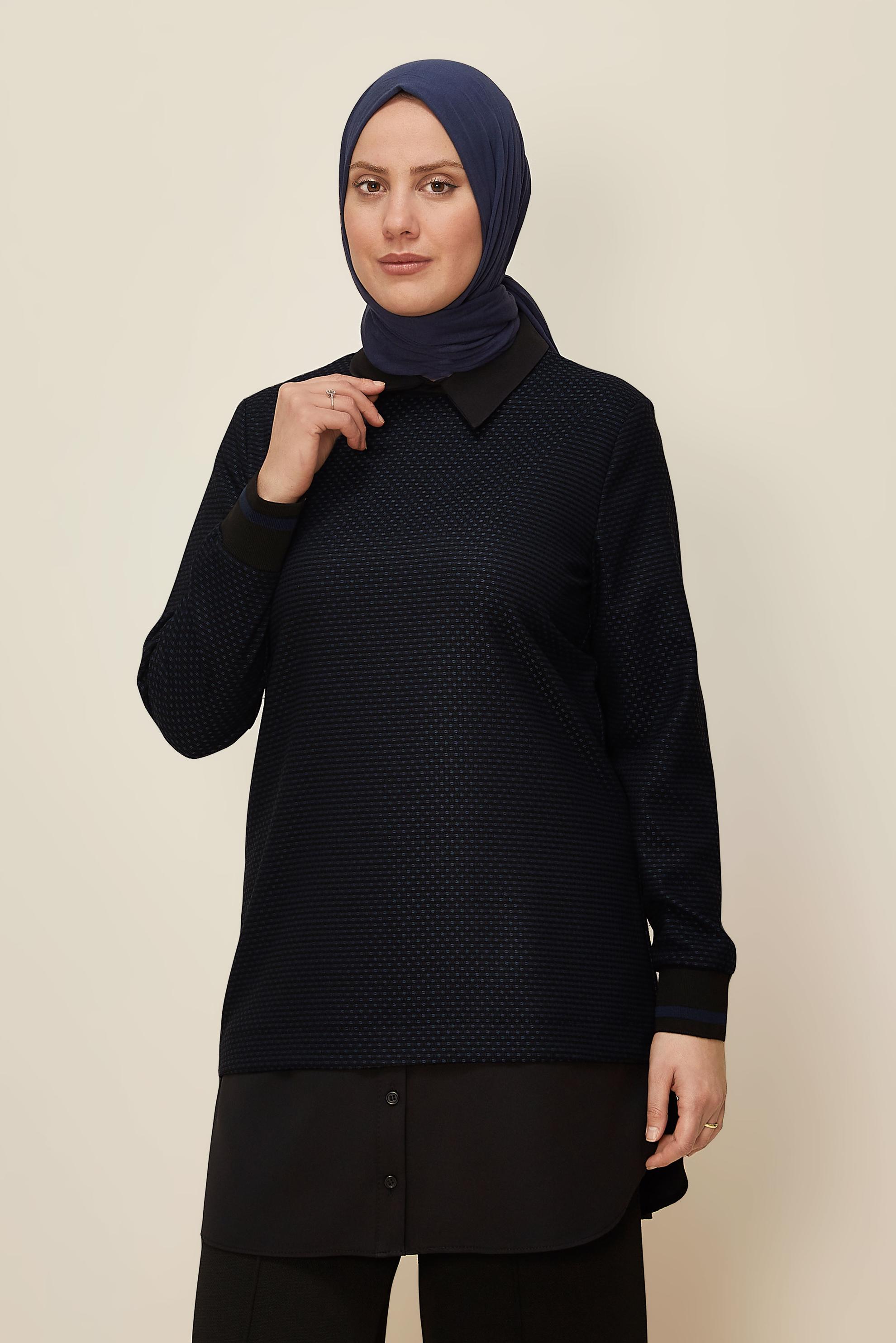 Tesettür giyim LACİVERT GÖMLEK PARÇA DETAYLI PÖTİKARE TUNİK 42444 
