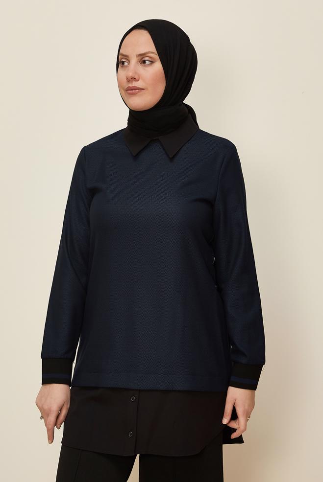 Tesettür giyim MAVİ GÖMLEK PARÇA DETAYLI PÖTİKARE TUNİK 42444  - ALVİNA