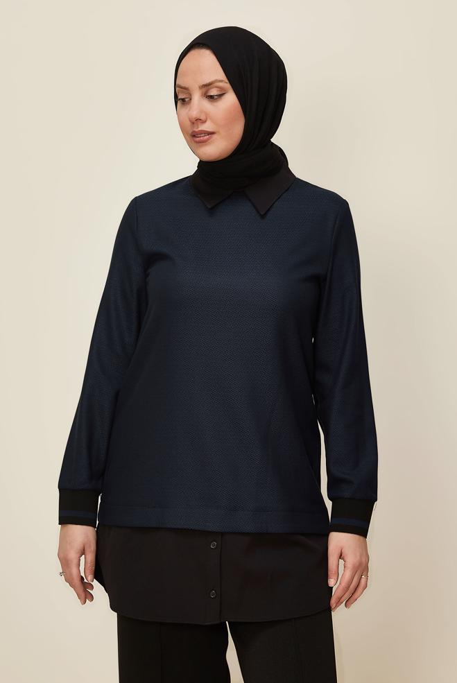 Tesettür giyim MAVİ GÖMLEK PARÇA DETAYLI PÖTİKARE TUNİK 42444  - ALVİNA