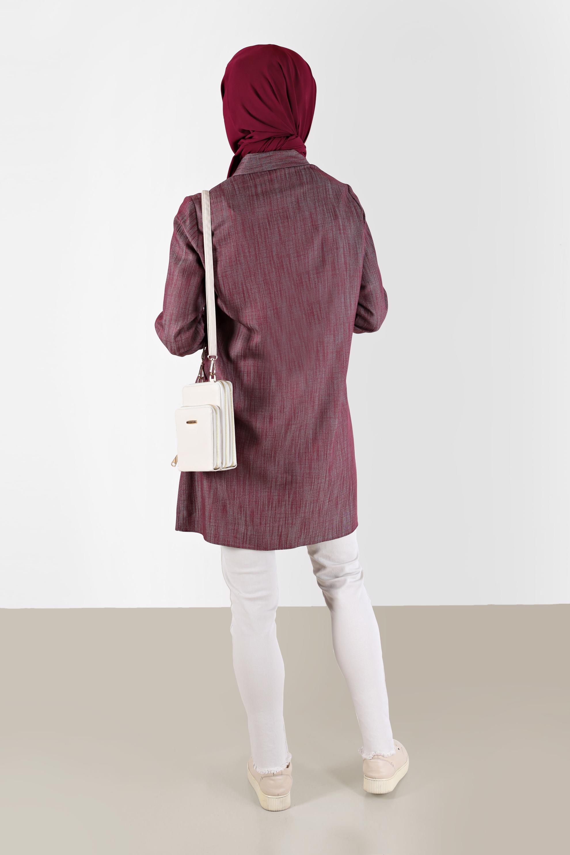 Tesettür giyim BORDO PÜSKÜL DETAYLI BOYDAN DÜĞMELİ TUNİK 42446 