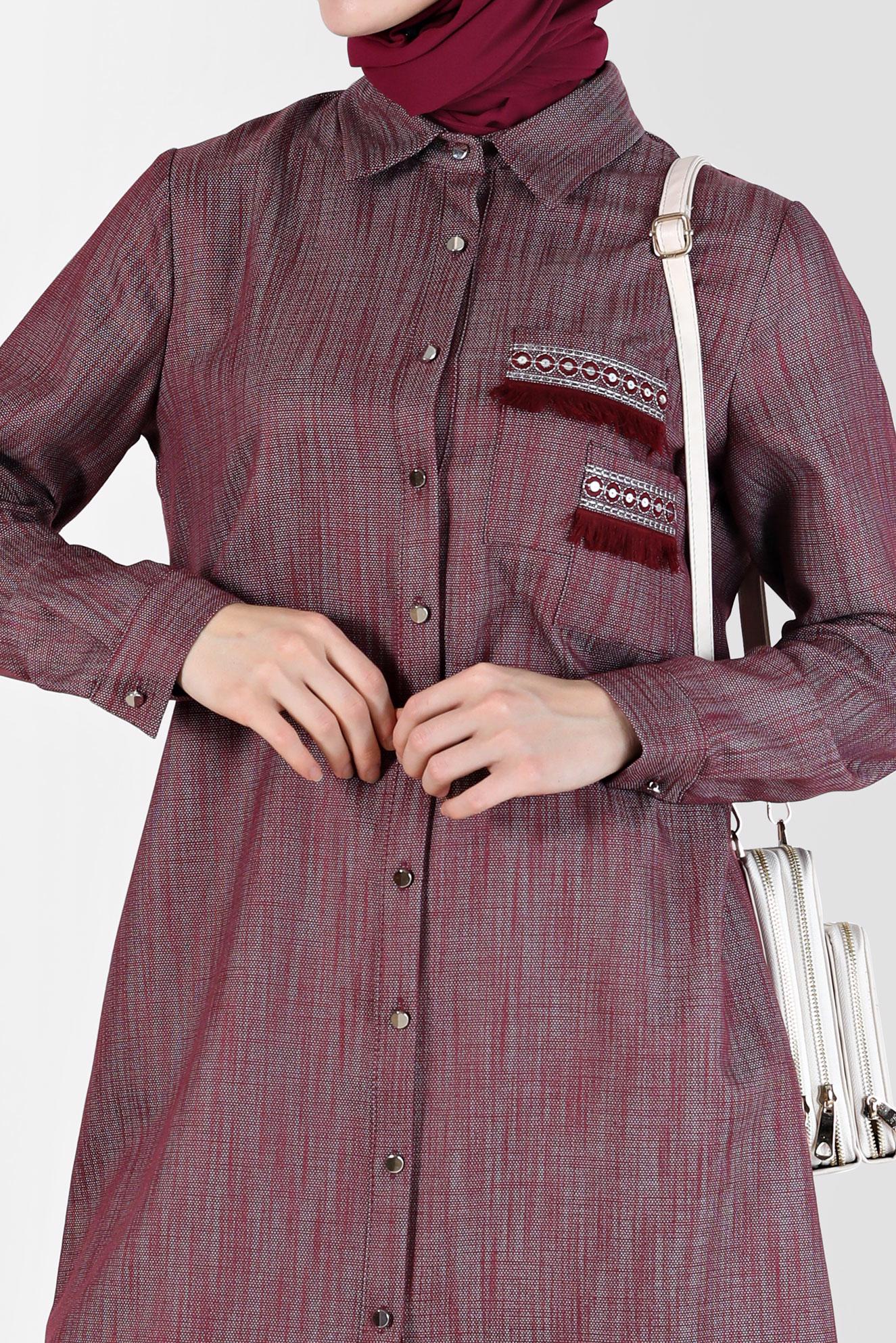 Tesettür giyim BORDO PÜSKÜL DETAYLI BOYDAN DÜĞMELİ TUNİK 42446 