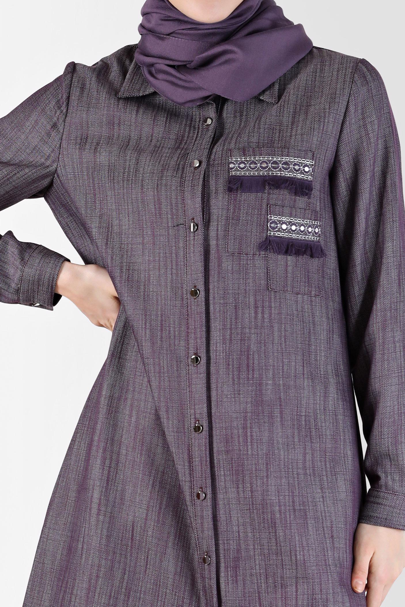 Tesettür giyim MÜRDÜM PÜSKÜL DETAYLI BOYDAN DÜĞMELİ TUNİK 42446 