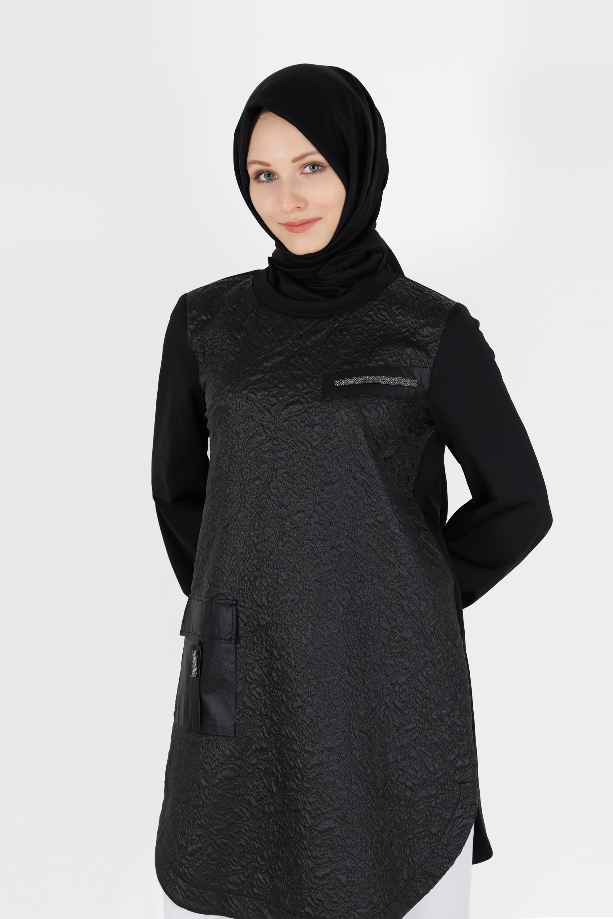 Tesettür giyim SİYAH DERİ CEP DETAYLI TUNİK 42457 
