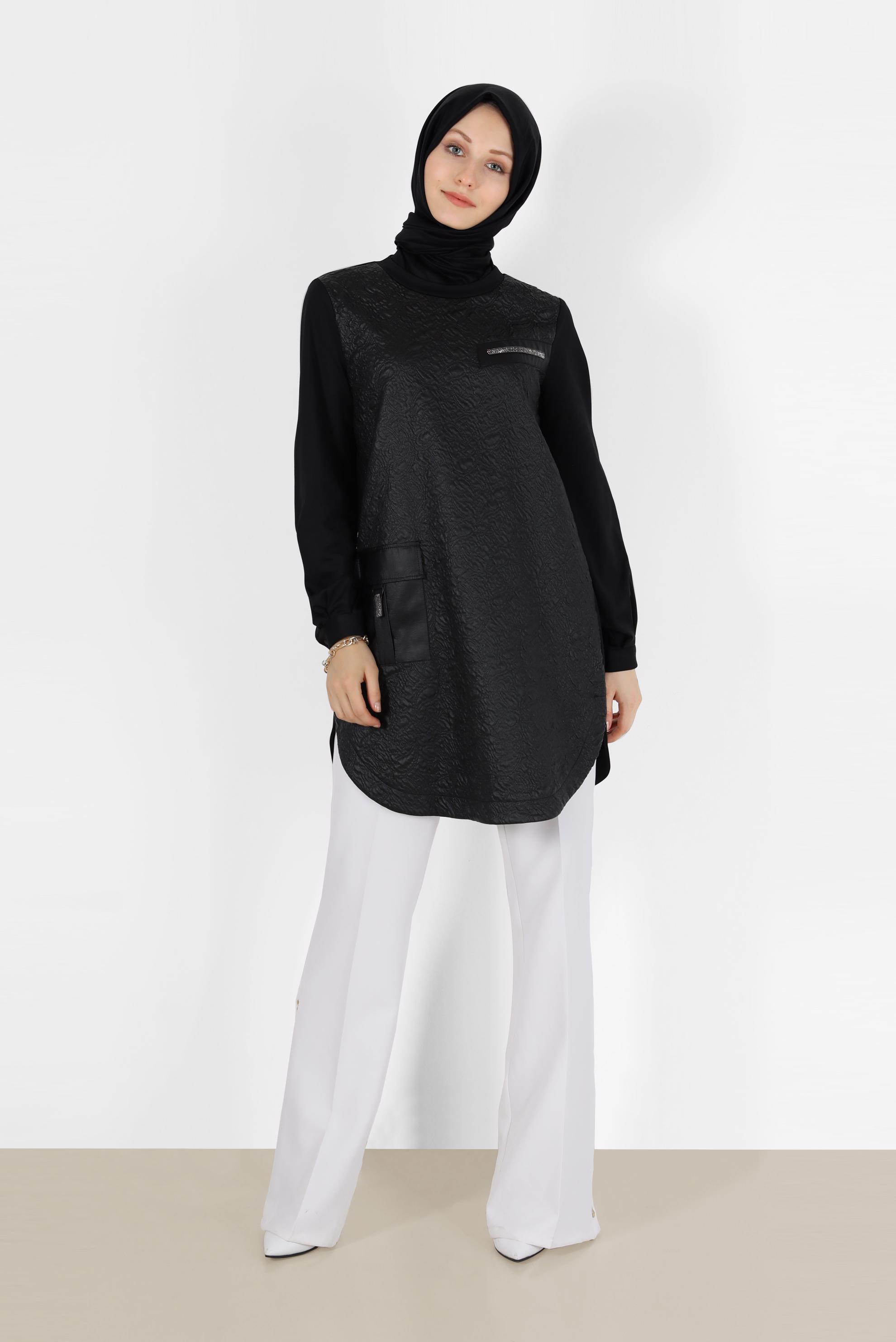 Tesettür giyim SİYAH DERİ CEP DETAYLI TUNİK 42457 