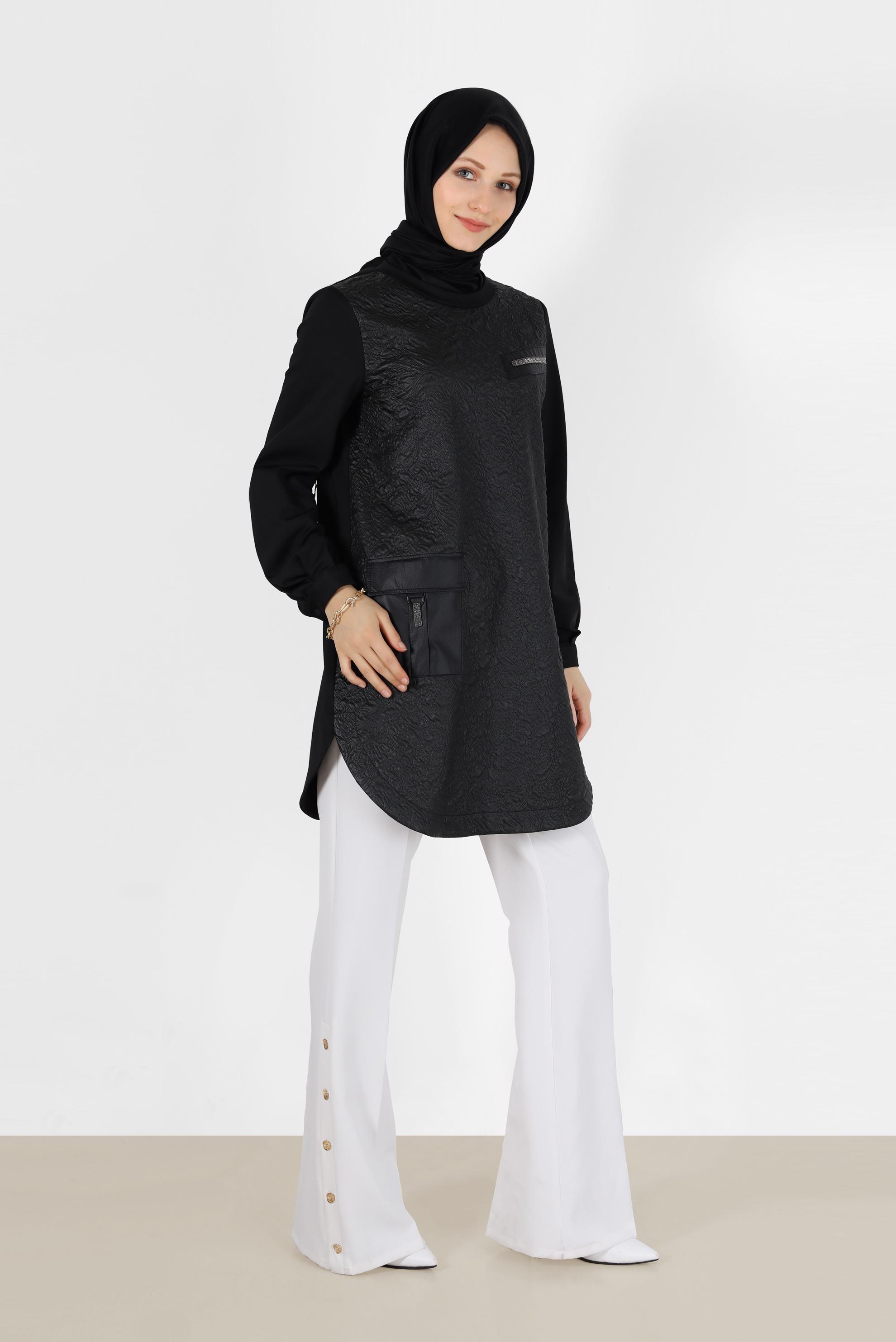 Tesettür giyim SİYAH DERİ CEP DETAYLI TUNİK 42457 