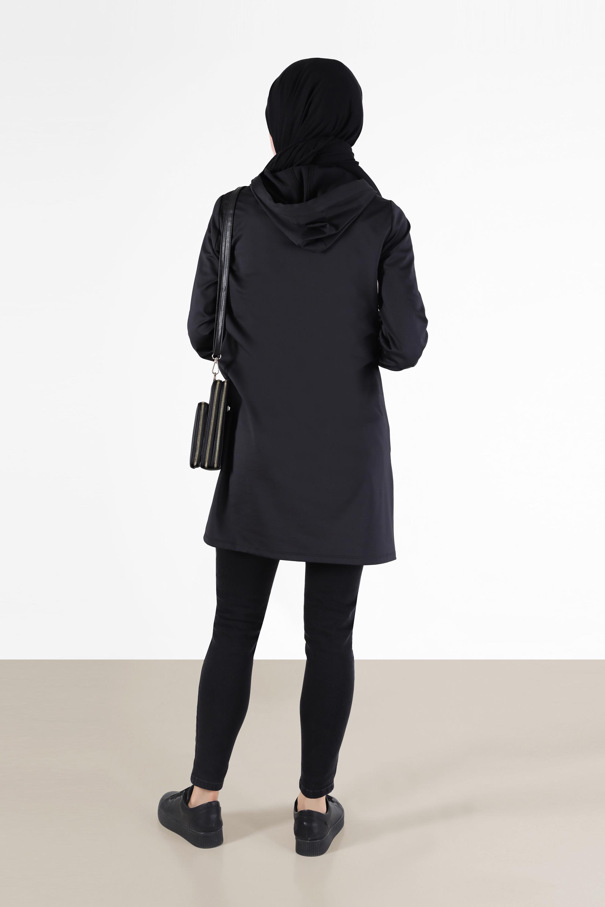 Tesettür giyim SİYAH FİLE VE DERİ DETAYLI KAPÜŞONLU TUNİK 42458