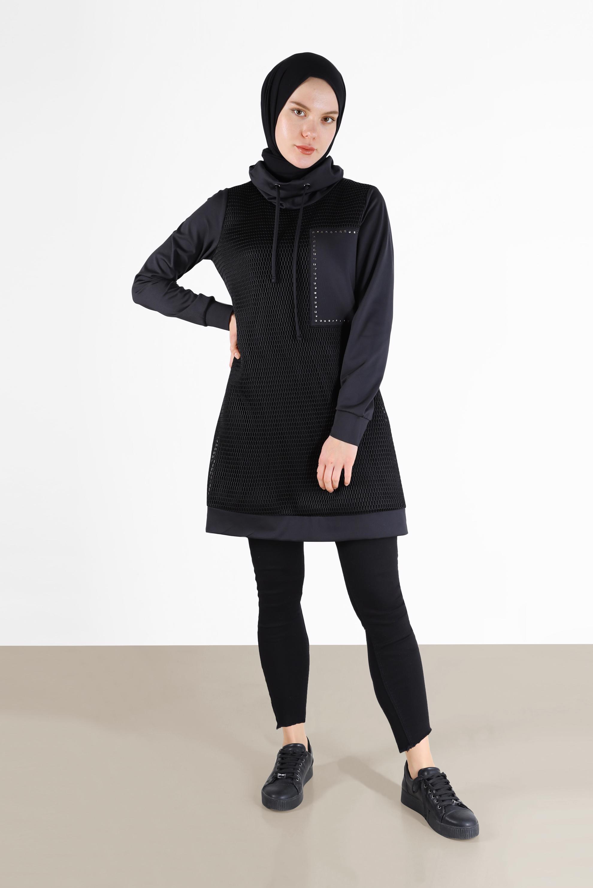 Hijab clothing BLACK MESH DETAIL TUNIC WITH POCKET 42459 