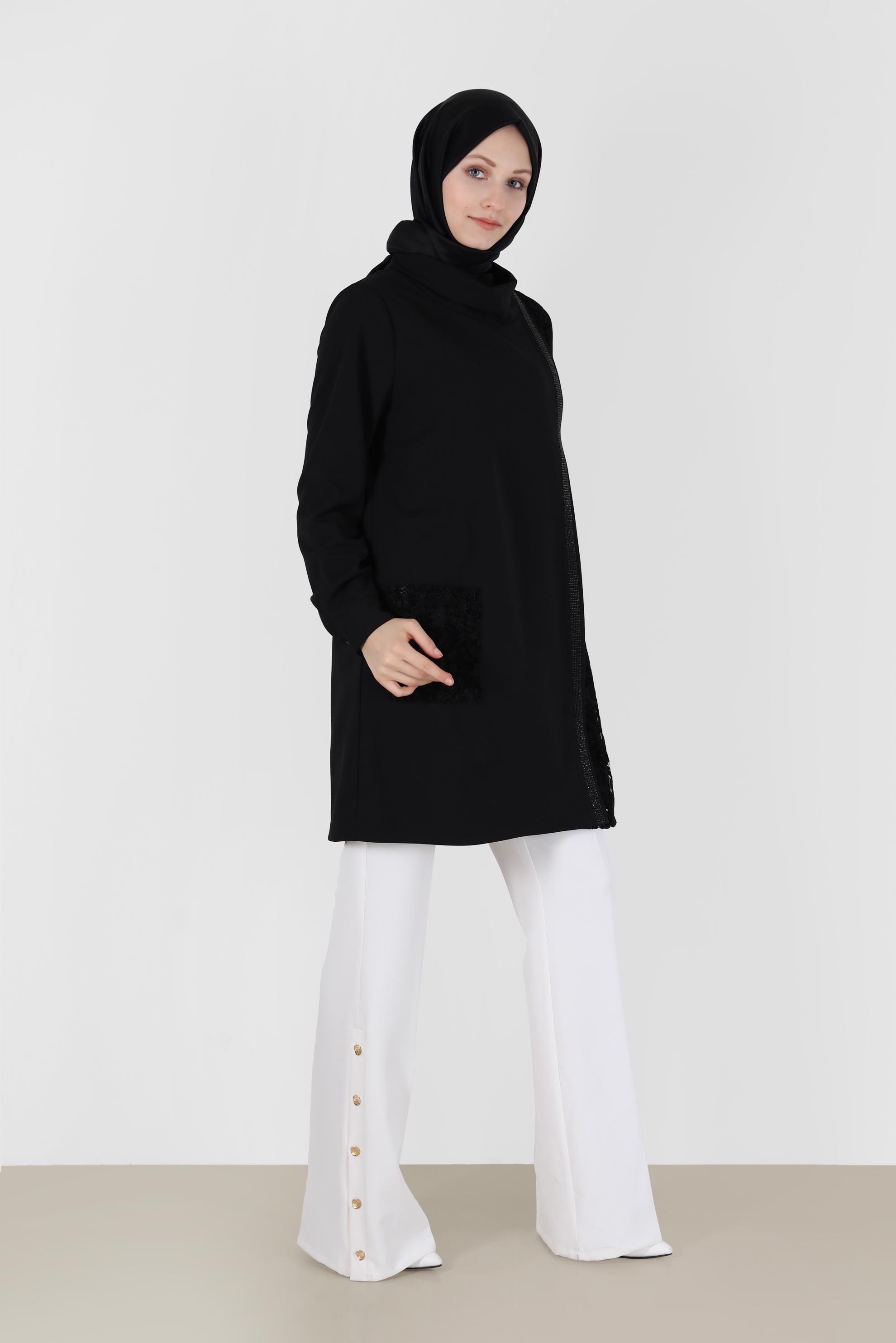Tesettür giyim SİYAH TAŞLI ŞERİT DETAYLI GÜPÜRLÜ TUNİK 42460 