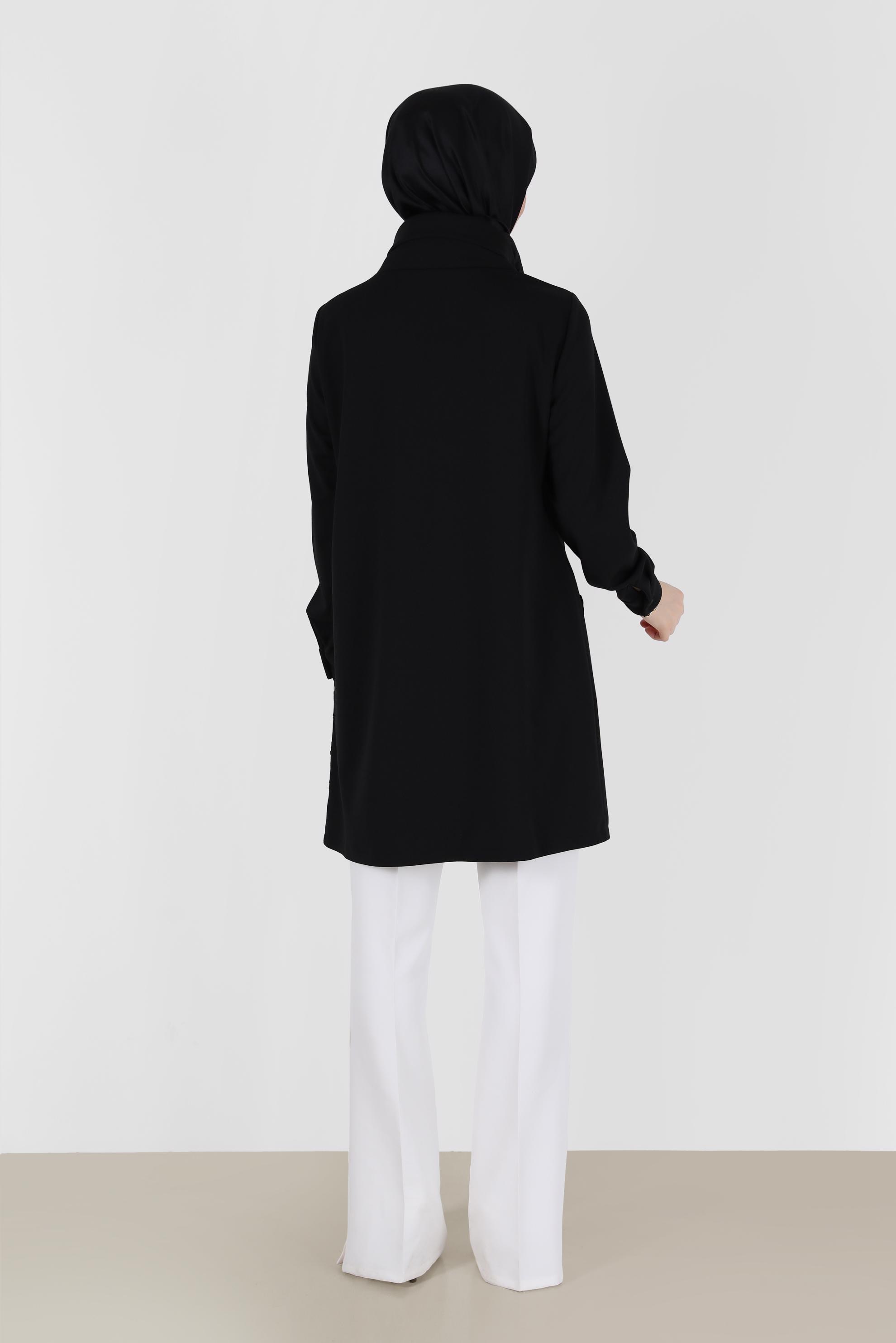 Tesettür giyim SİYAH TAŞLI ŞERİT DETAYLI GÜPÜRLÜ TUNİK 42460 