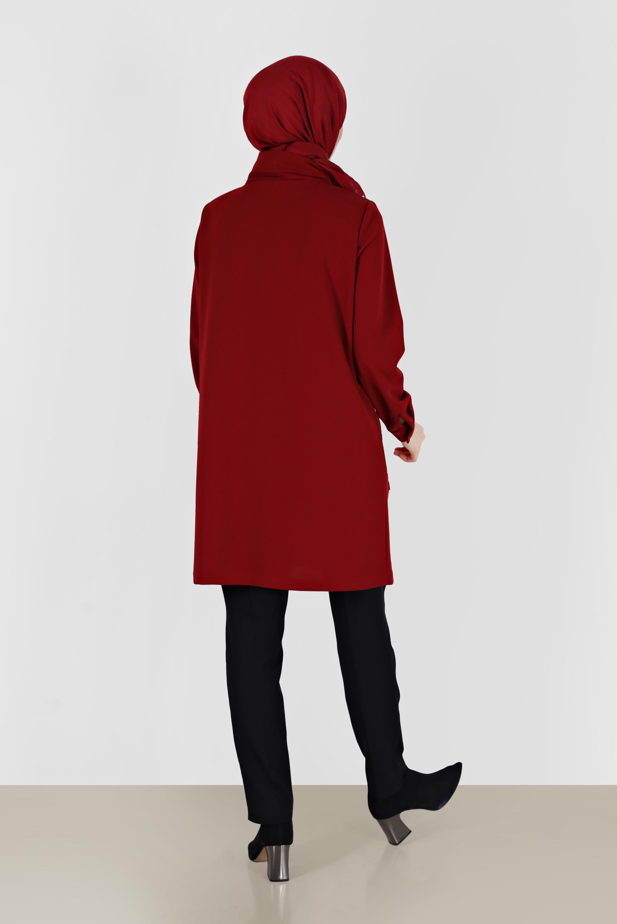 Tesettür giyim BORDO TAŞLI ŞERİT DETAYLI GÜPÜRLÜ TUNİK 42460 