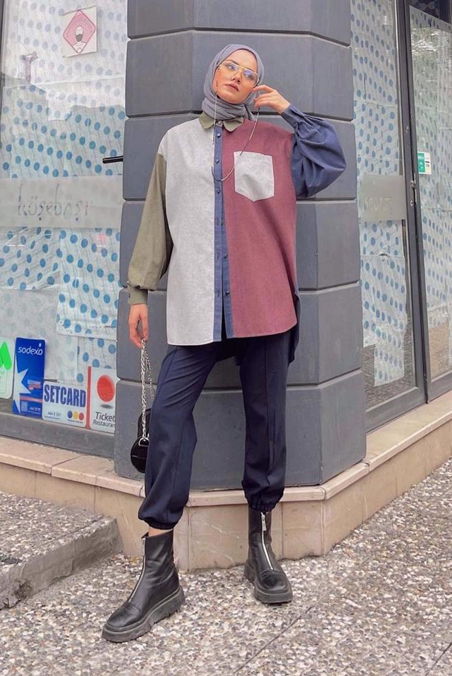 Vêtements hijab  TUNIQUE MULTICOLORE DÉTAIL POCHE 42466 - ALVİNA