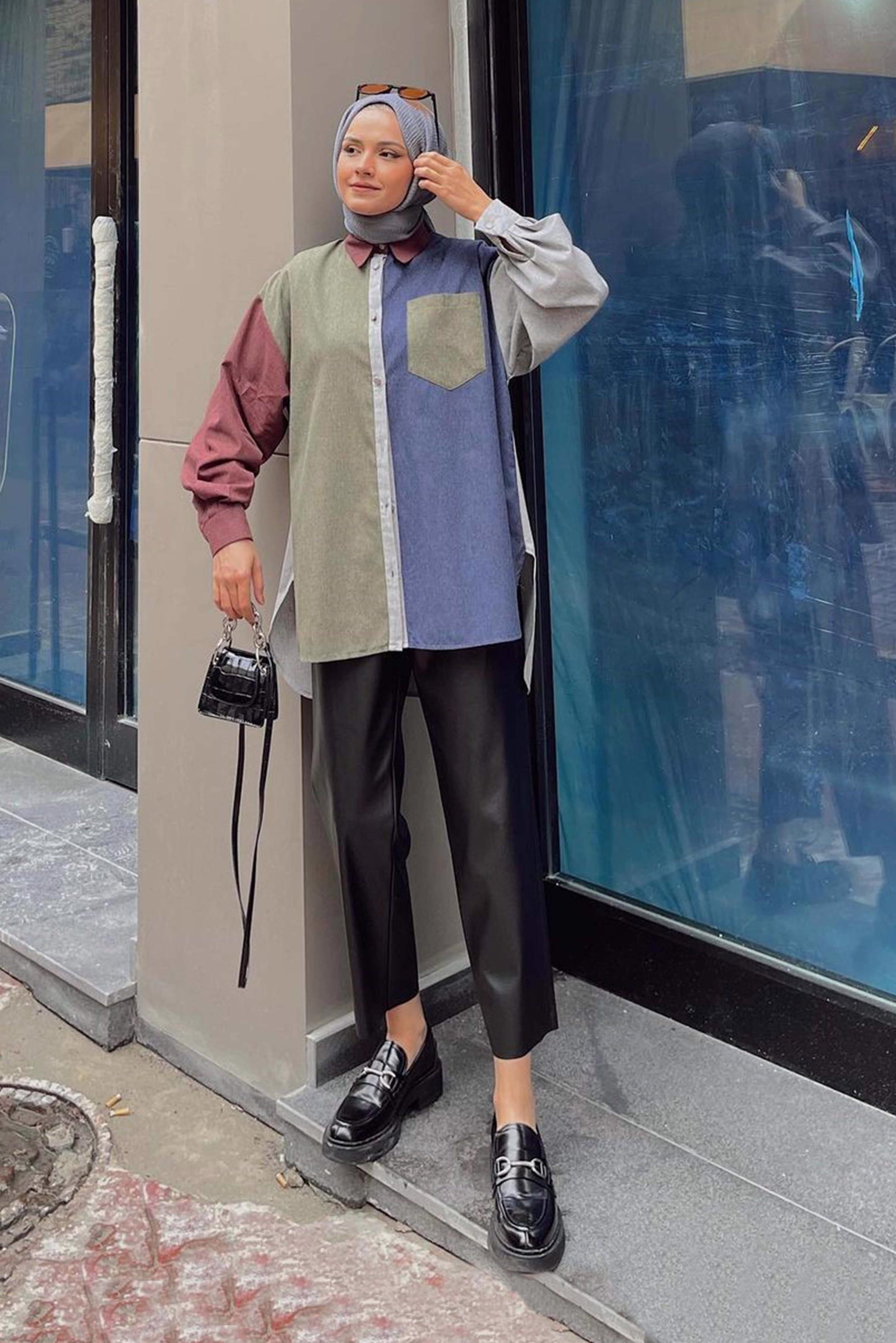 Tesettür giyim HAKİ CEP DETAYLI ÇOK RENKLİ TUNİK 42466 