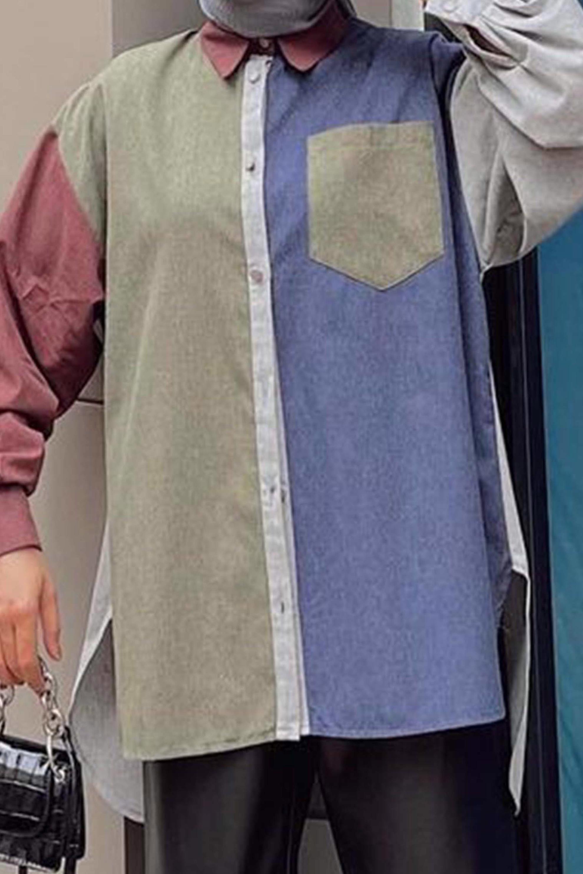 Tesettür giyim HAKİ CEP DETAYLI ÇOK RENKLİ TUNİK 42466 