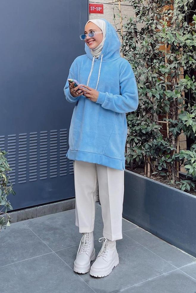 Tesettür giyim MAVİ RİBANALI KAPÜŞONLU TUNİK 42467  - ALVİNA