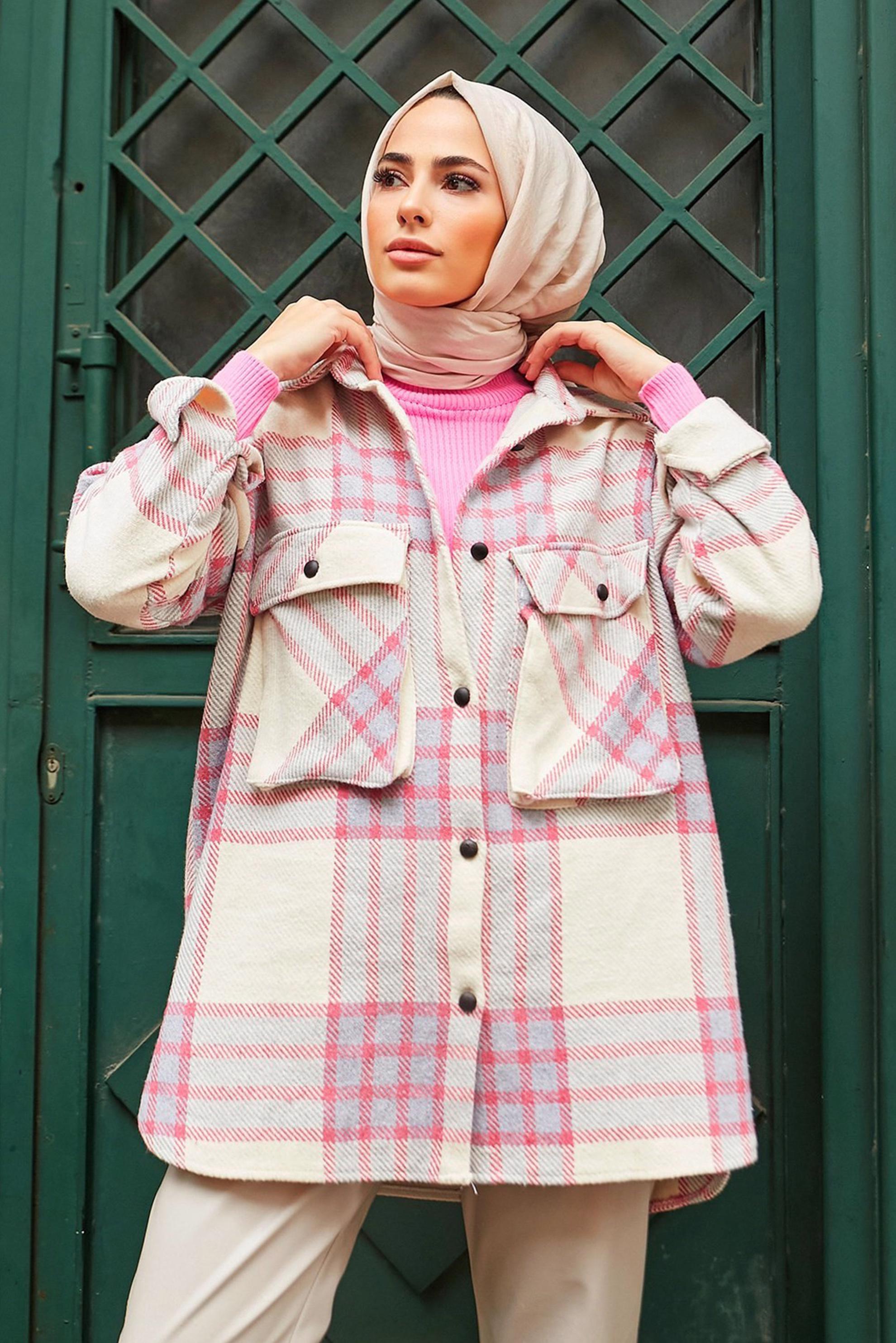 Tesettür giyim PEMBE CEP DETAYLI EKOSE TUNİK 42469 