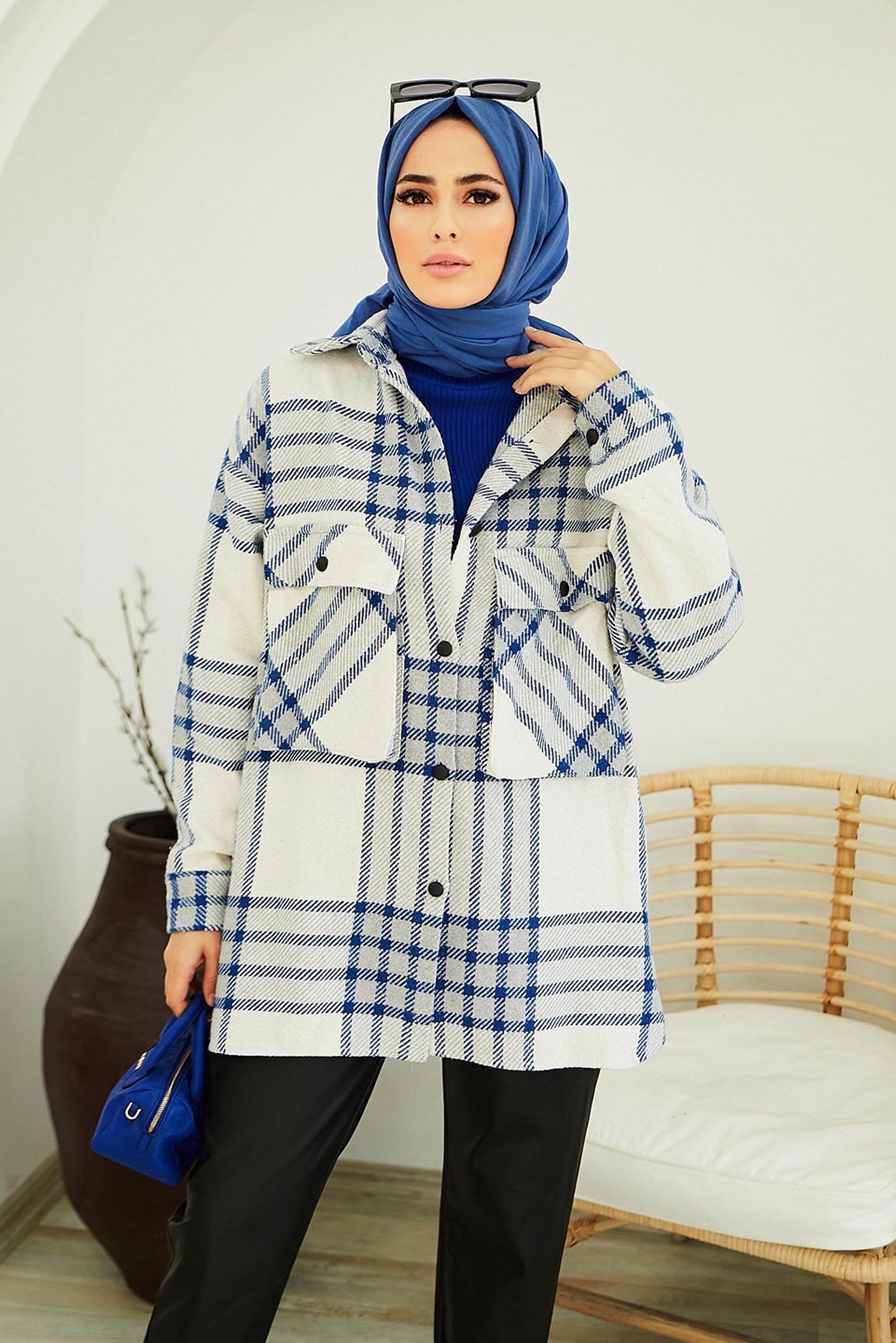 Tesettür giyim LACİVERT CEP DETAYLI EKOSE TUNİK 42469 