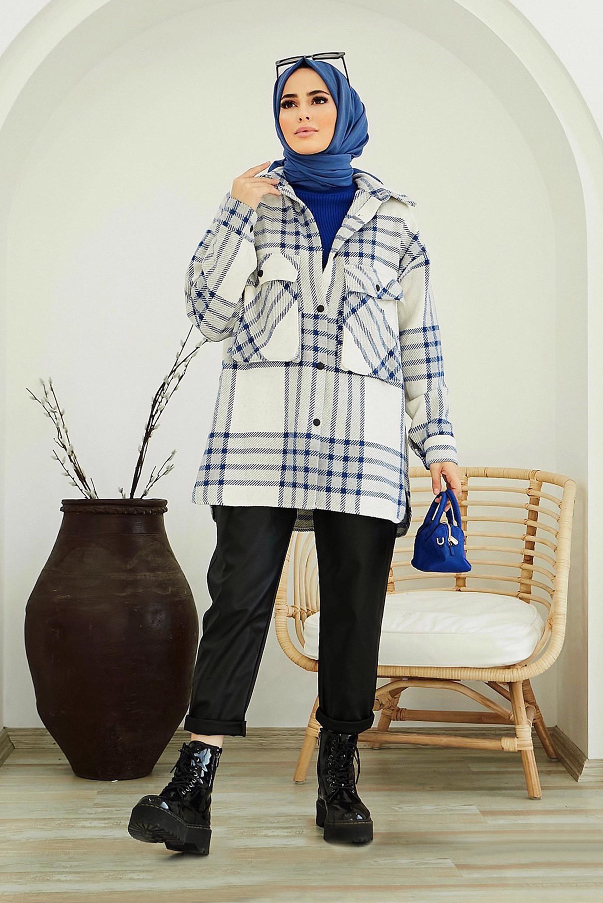 Tesettür giyim LACİVERT CEP DETAYLI EKOSE TUNİK 42469 