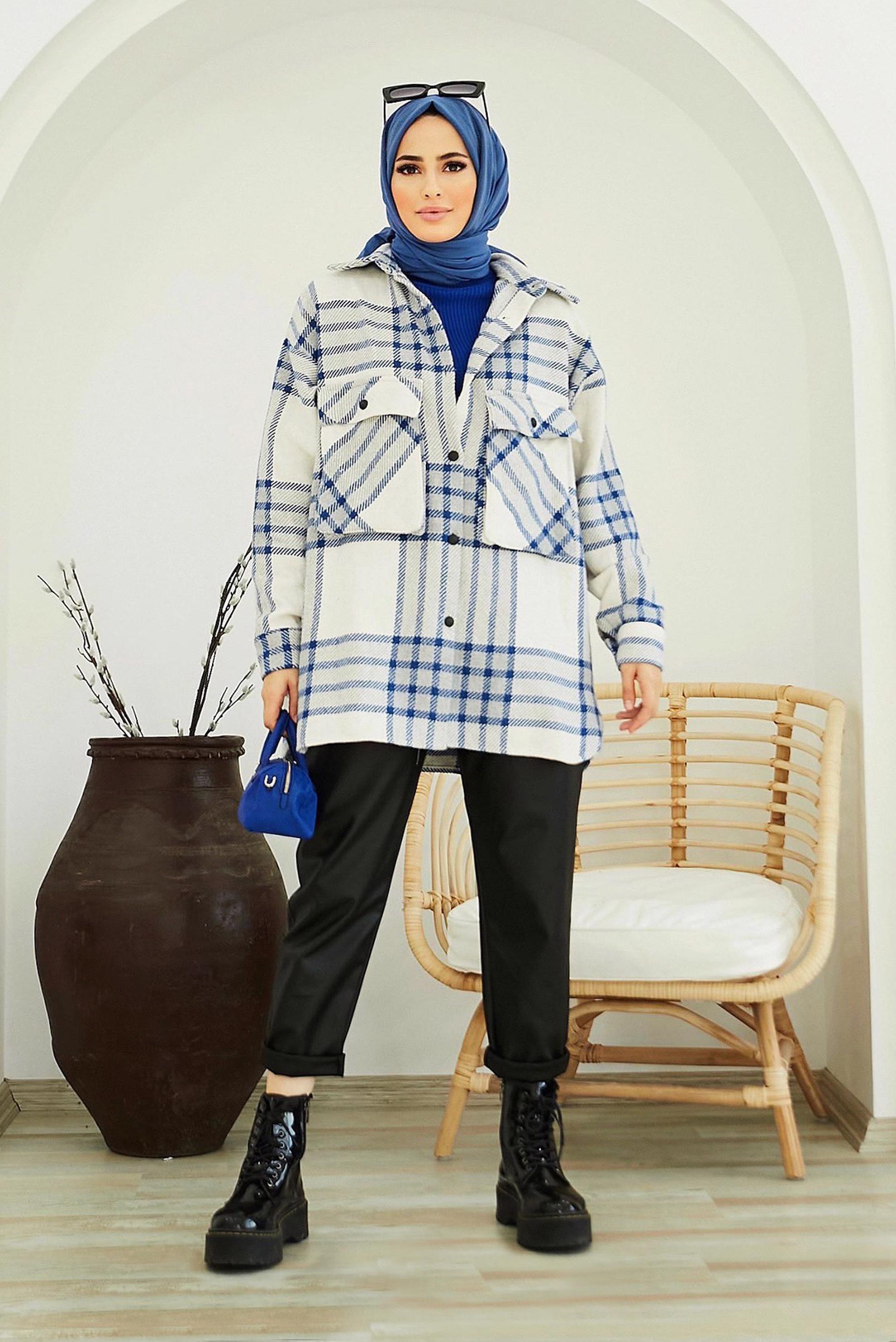 Tesettür giyim LACİVERT CEP DETAYLI EKOSE TUNİK 42469 