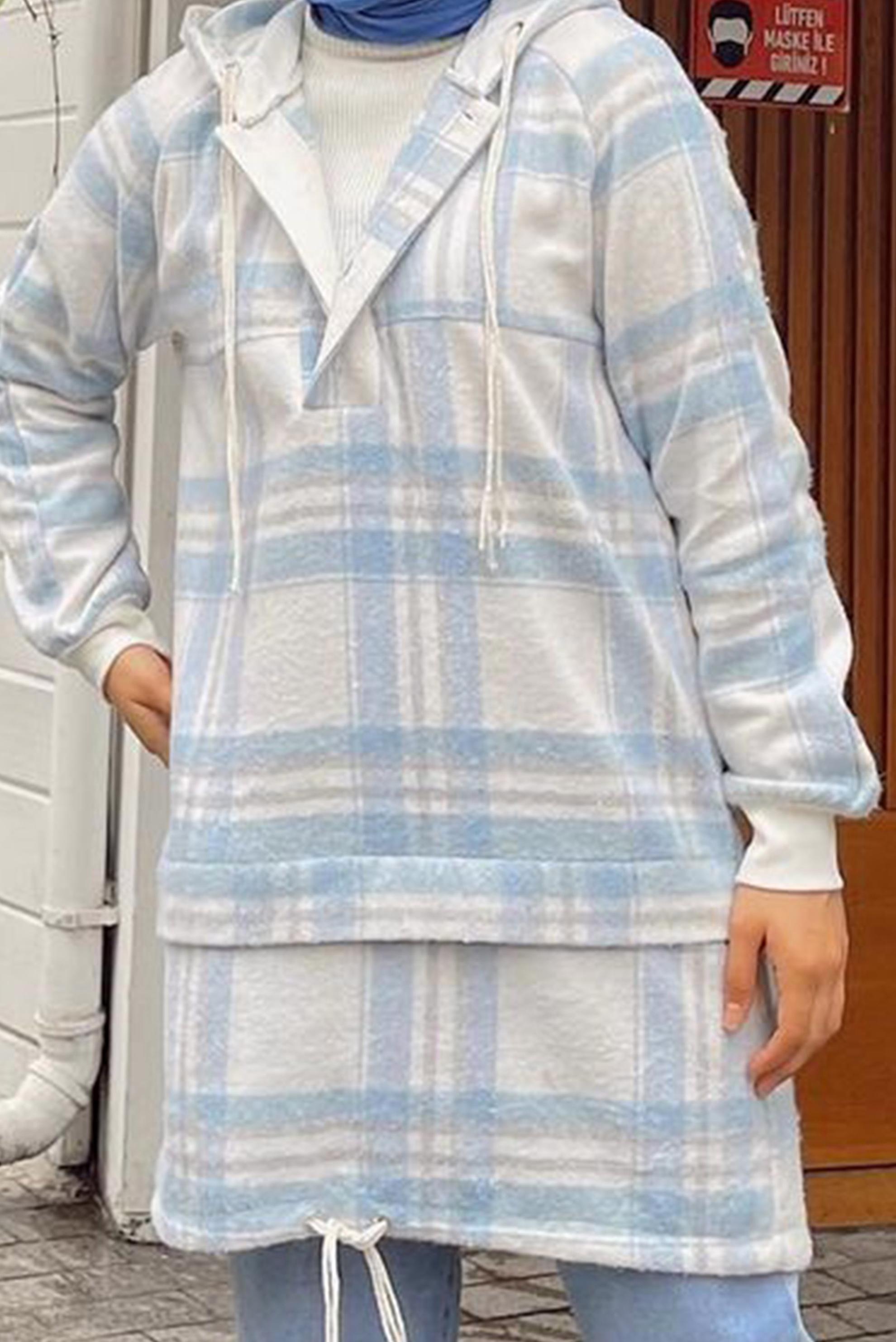 Tesettür giyim MAVİ ETEK UCU BÜZGÜLÜ KAPÜŞONLU EKOSE TUNİK 42476 