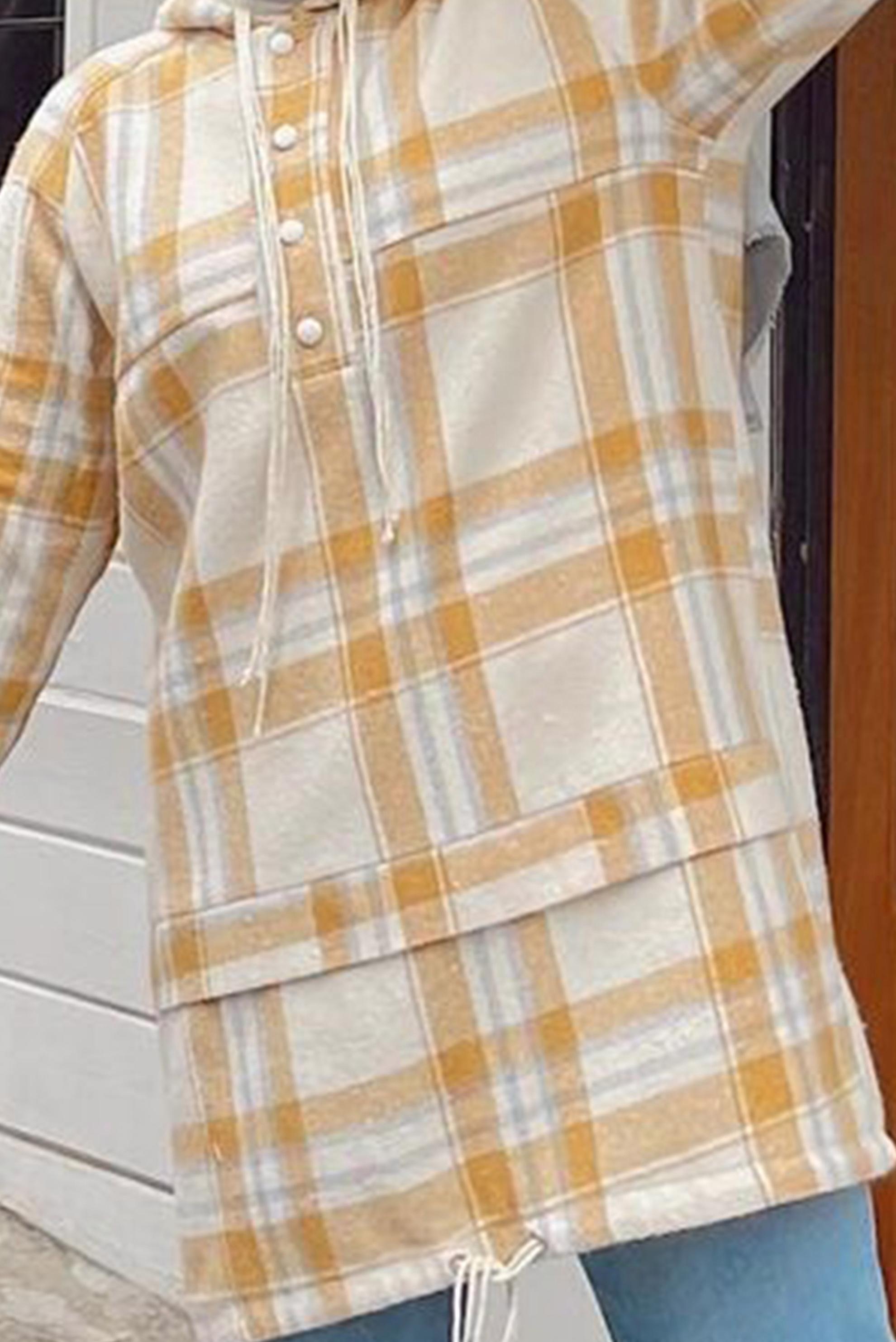 Tesettür giyim SARI ETEK UCU BÜZGÜLÜ KAPÜŞONLU EKOSE TUNİK 42476 