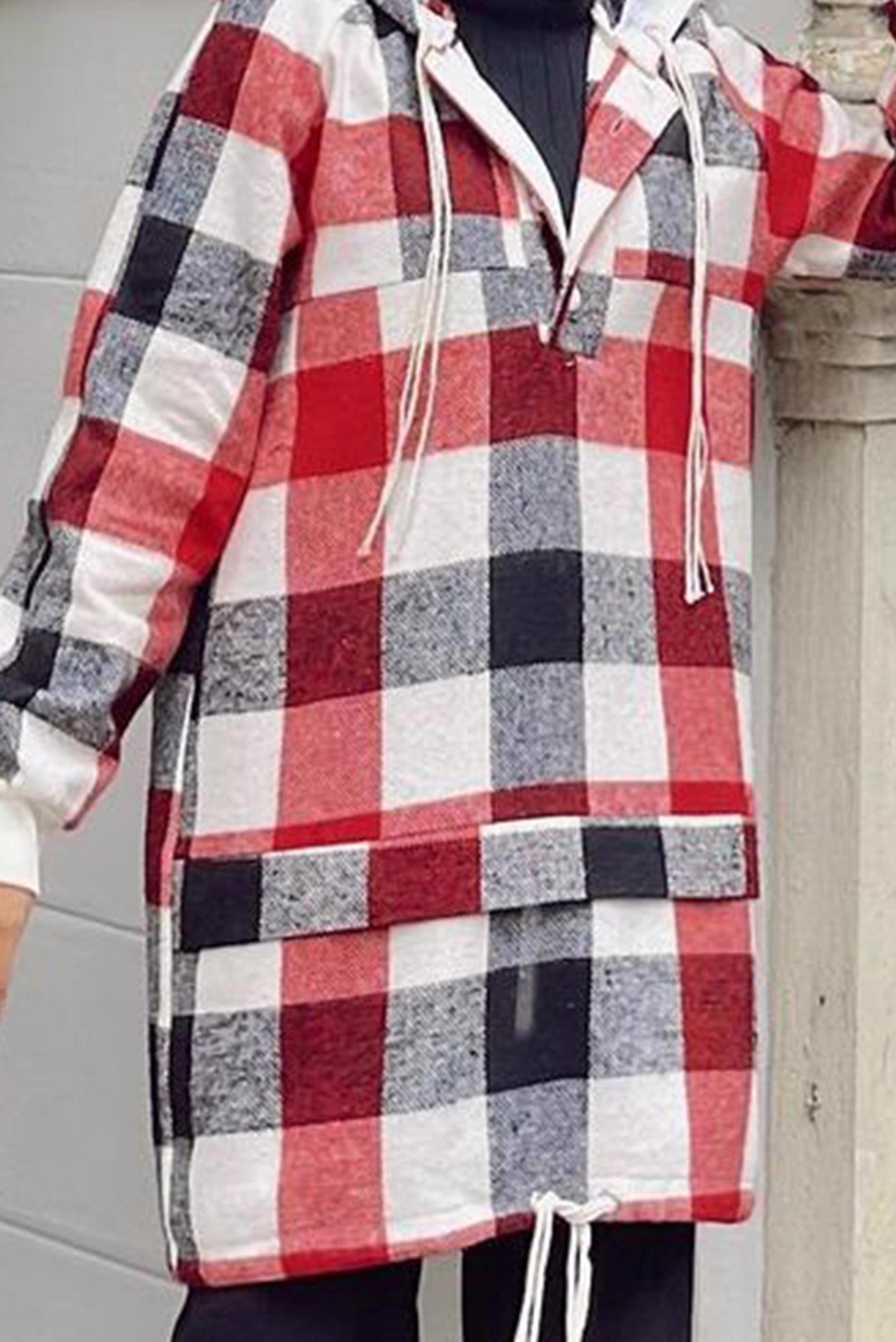 Tesettür giyim BORDO ETEK UCU BÜZGÜLÜ KAPÜŞONLU EKOSE TUNİK 42476 