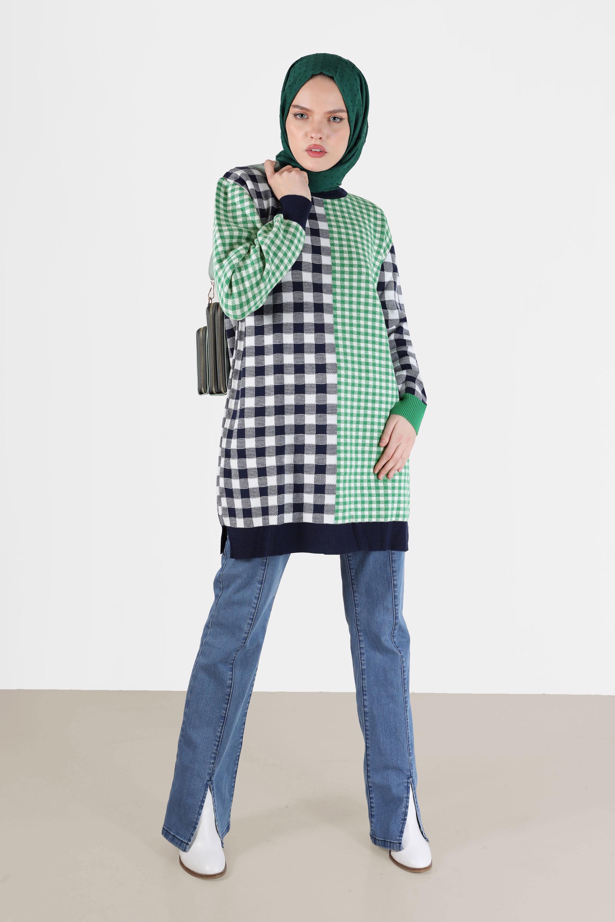 Tesettür giyim LACİVERT KARE DESENLİ RENKLİ TRİKO TUNİK 42477 