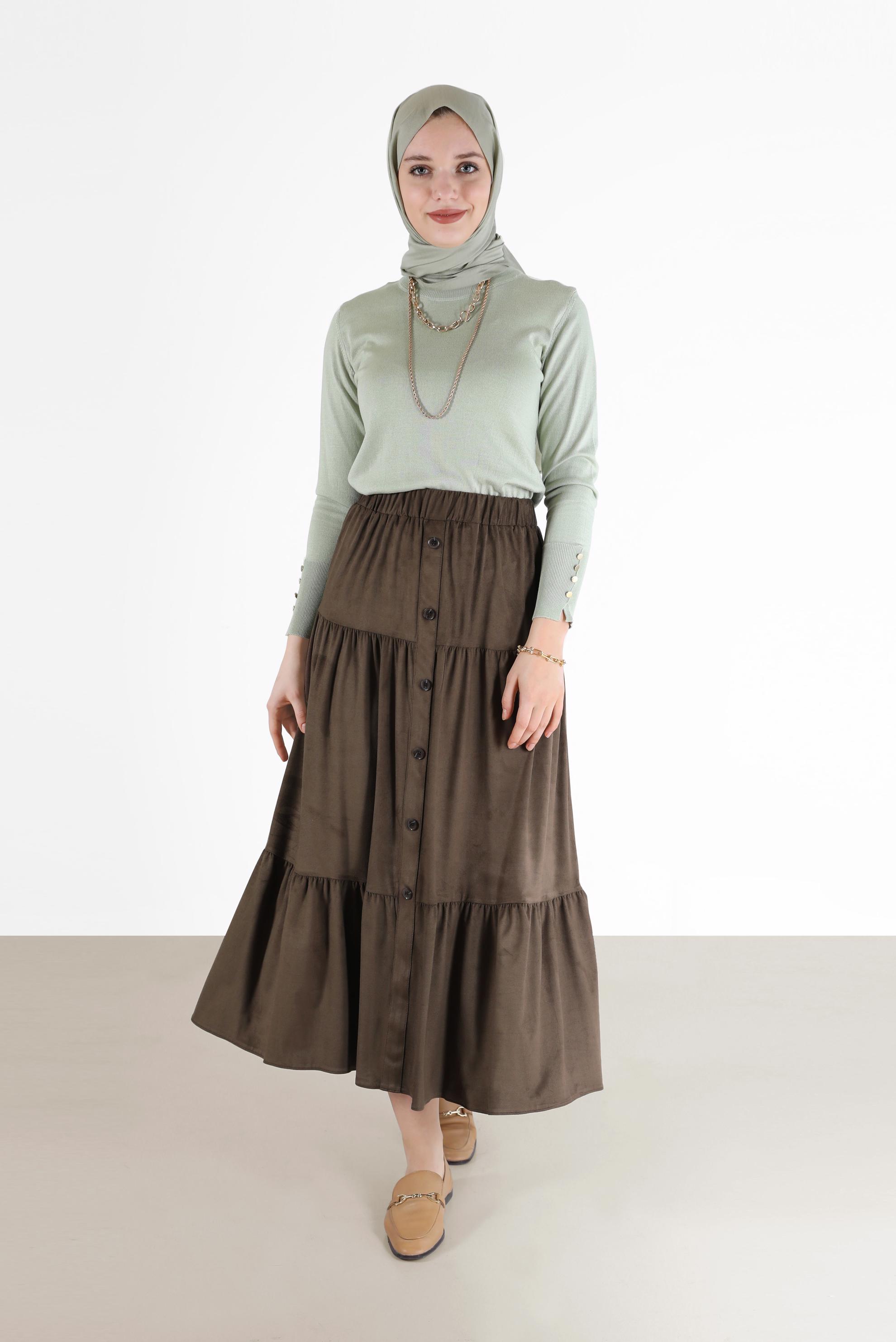 Tesettür giyim KAHVE DÜĞME DETAYLI KATLI ETEK 60226	