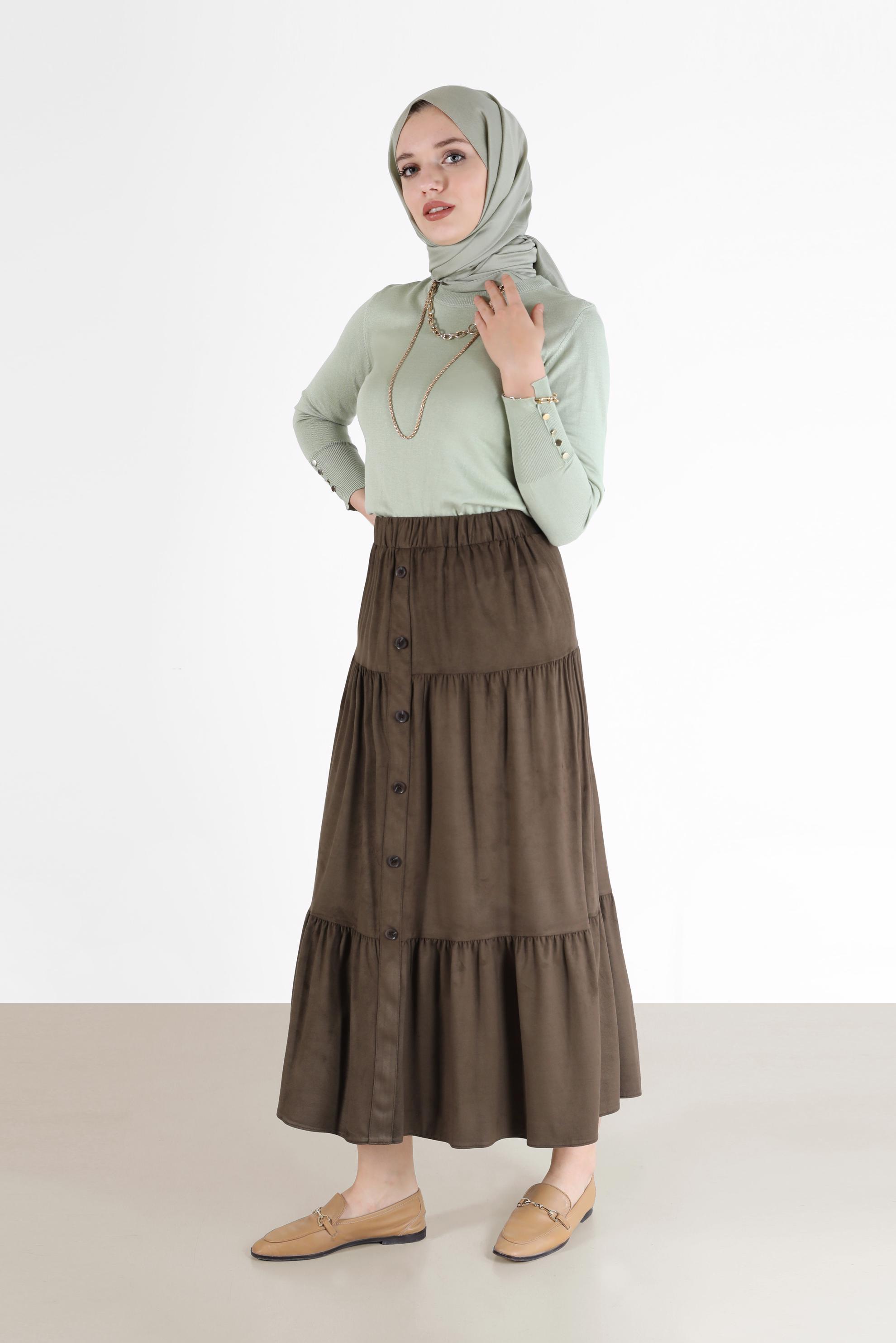 Tesettür giyim KAHVE DÜĞME DETAYLI KATLI ETEK 60226	