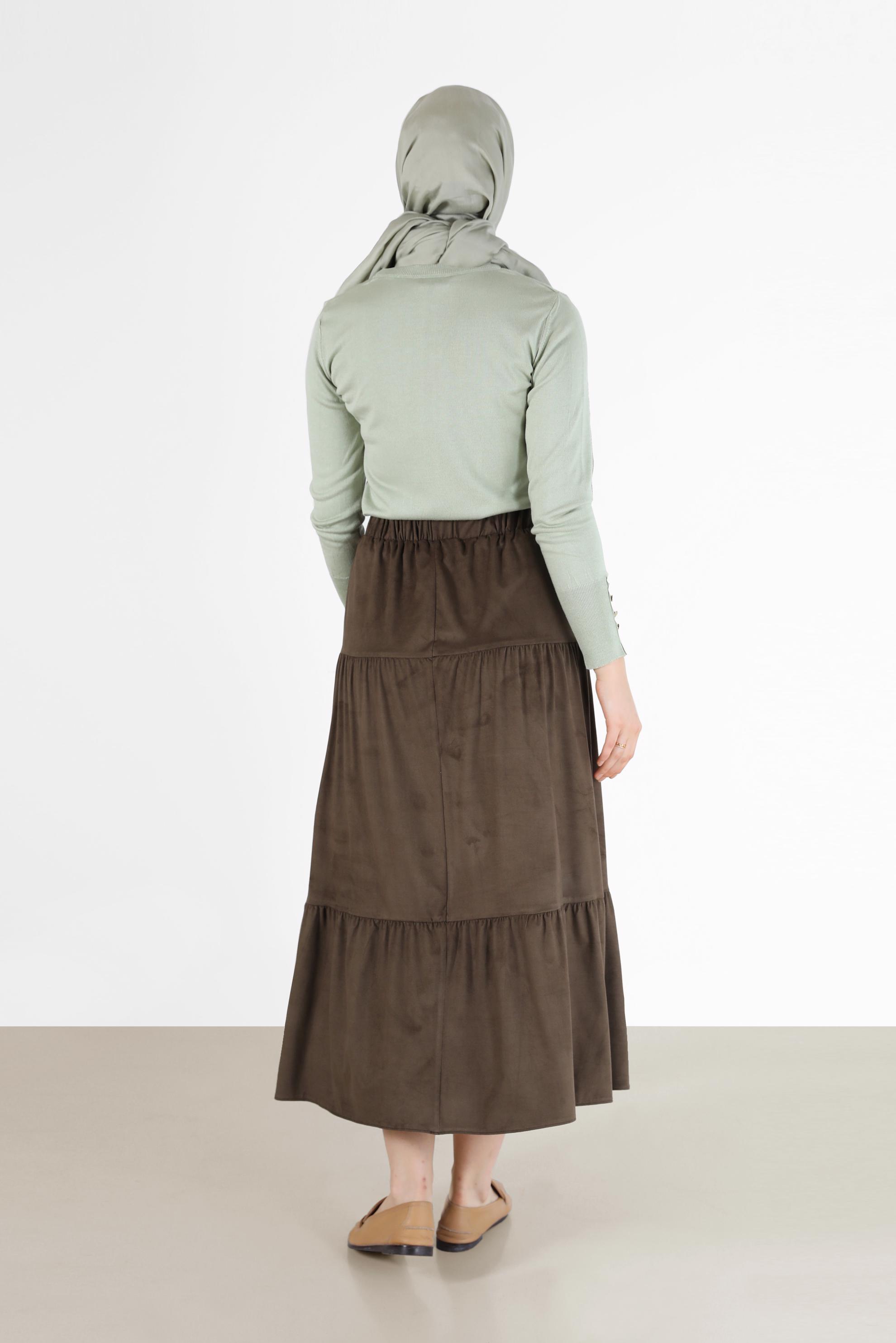 Tesettür giyim KAHVE DÜĞME DETAYLI KATLI ETEK 60226	