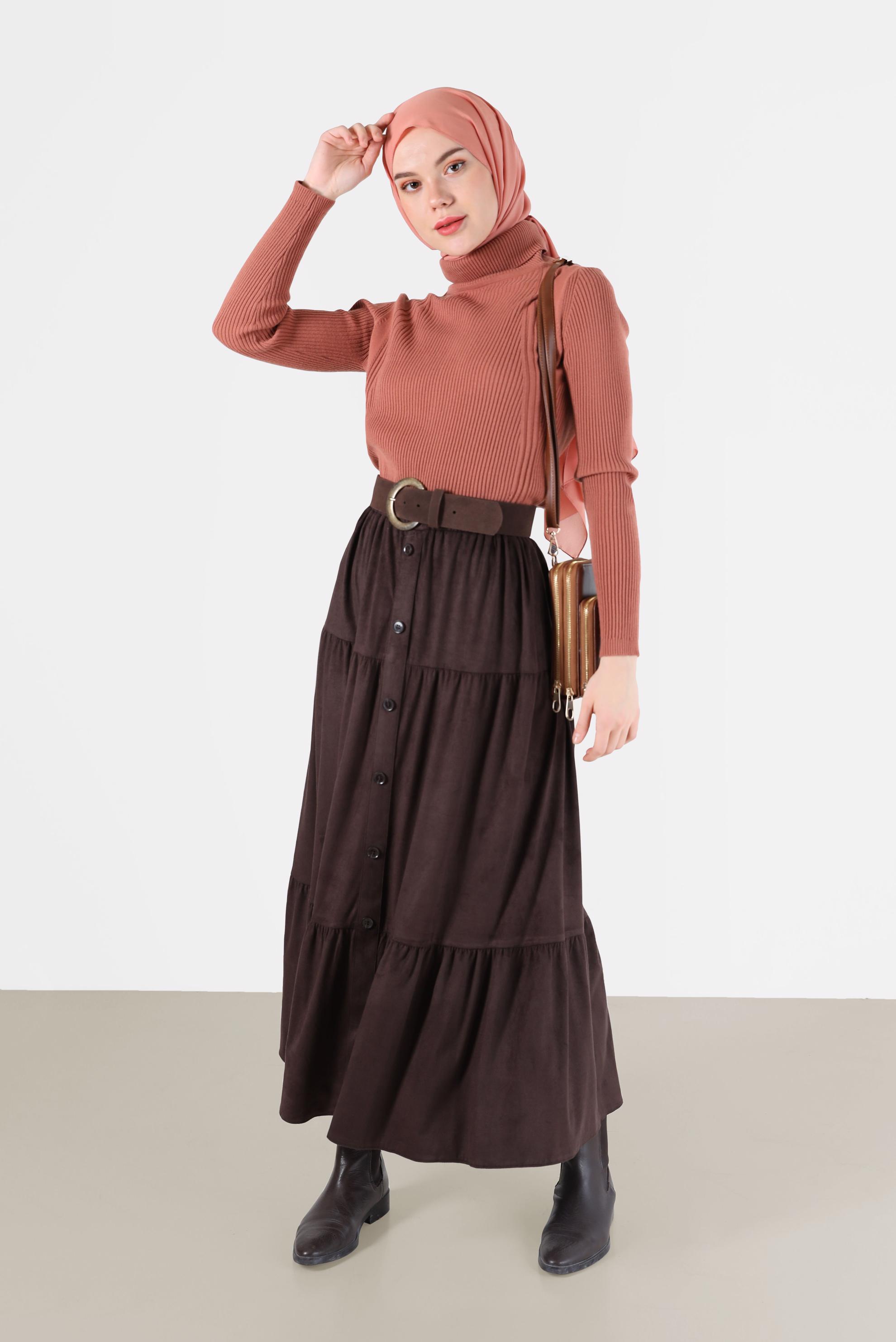 Tesettür giyim KAHVE DÜĞME DETAYLI KATLI ETEK 60226	